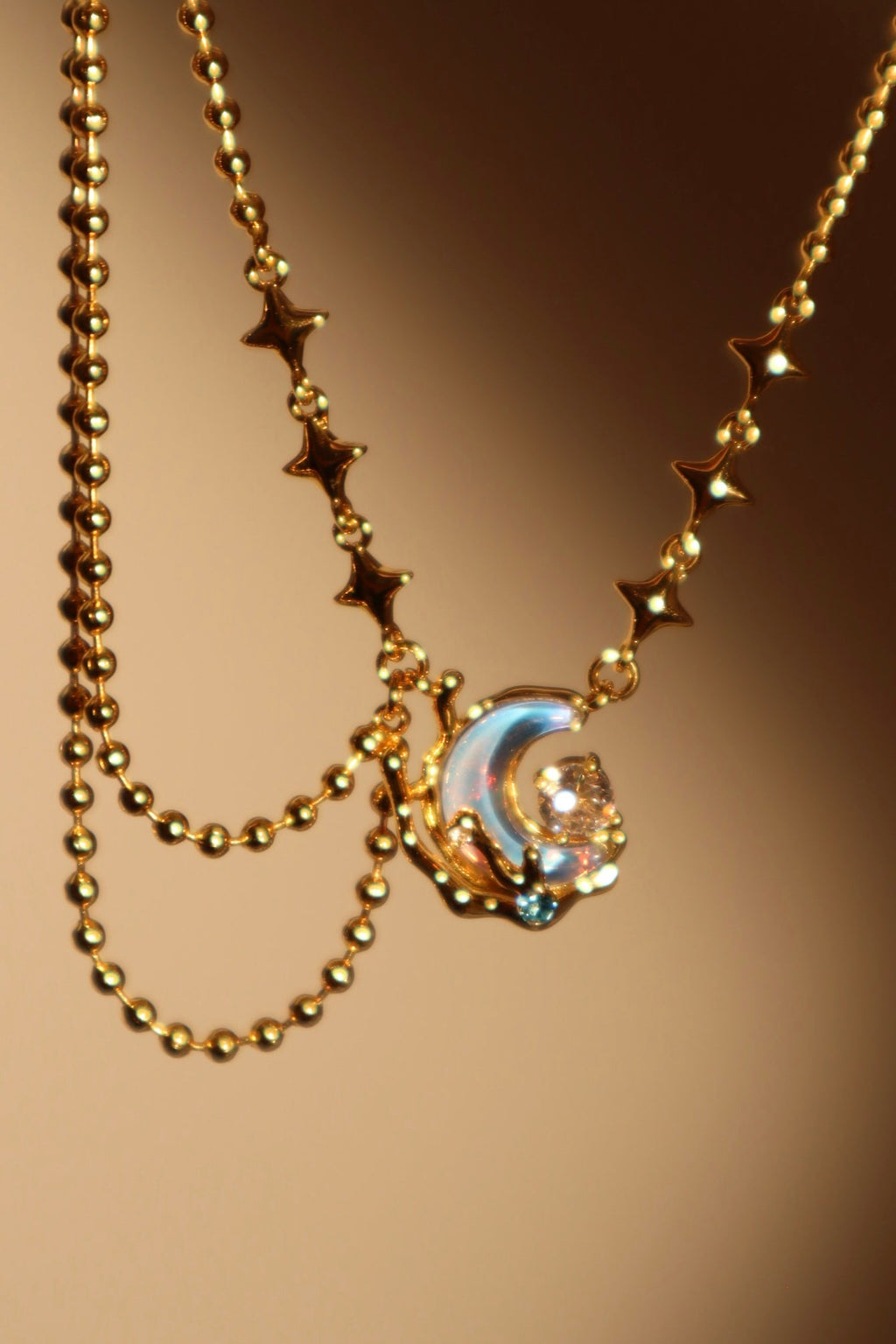 18K Real Gold Plated Diamond Moonstone Moon Necklace
