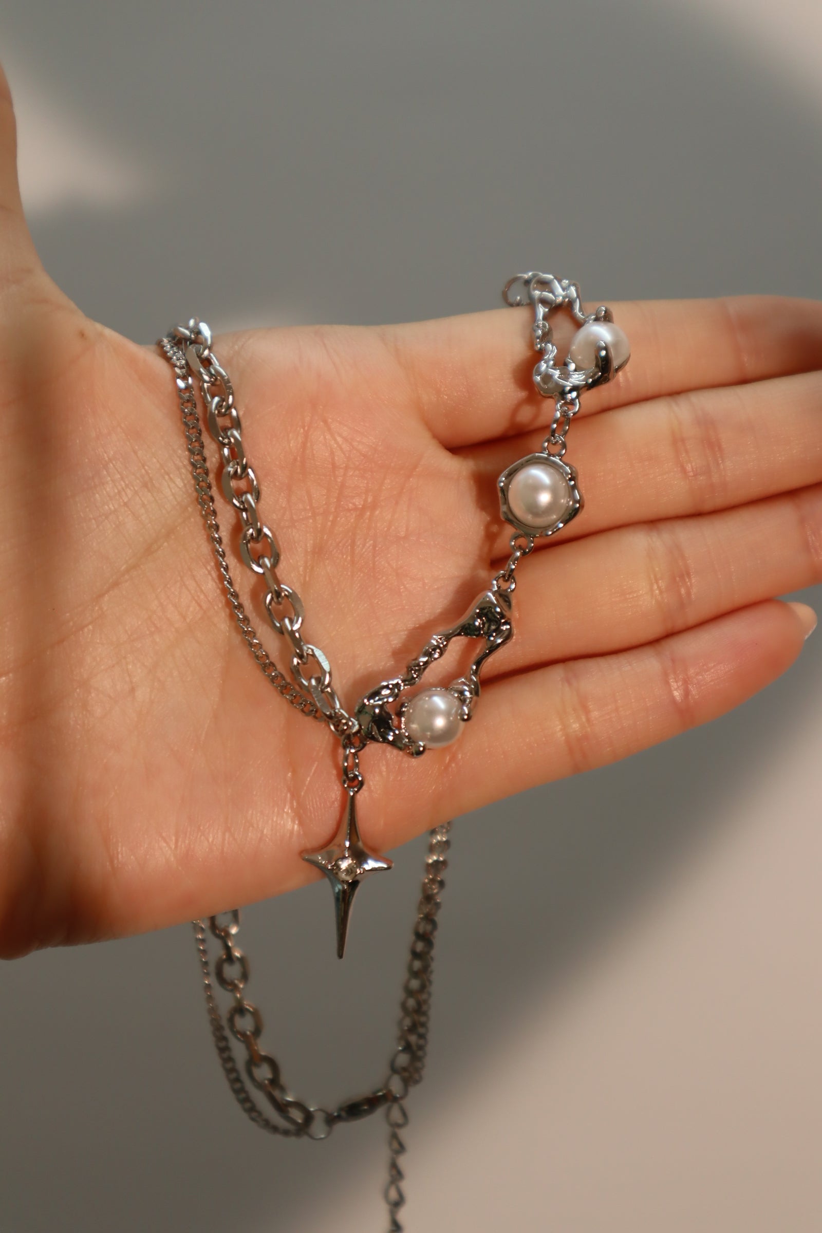 Palladium White Gold Plated Pearl Star Necklace