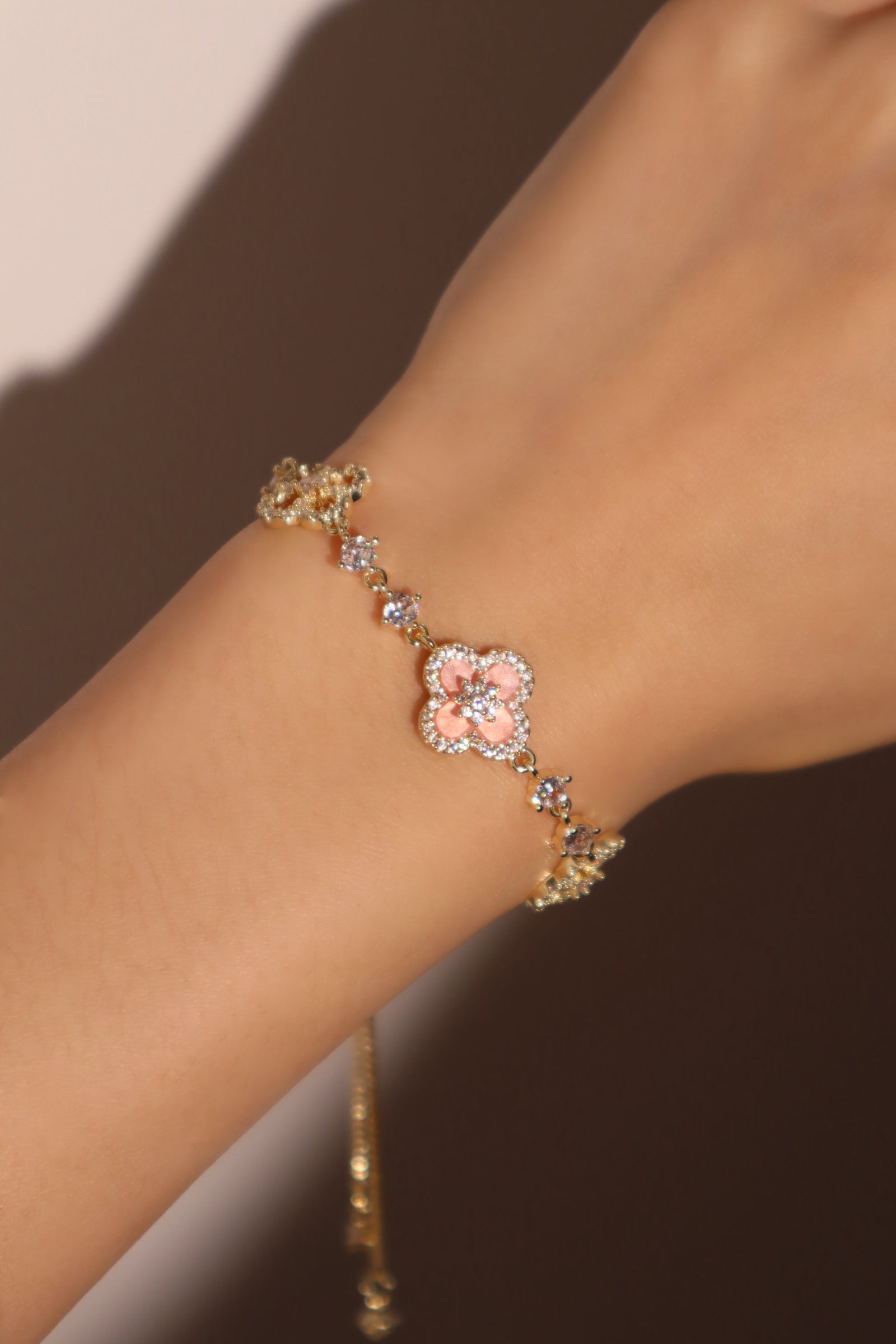 14K Real Gold Plated Pink Lucky Leaf Bracelet