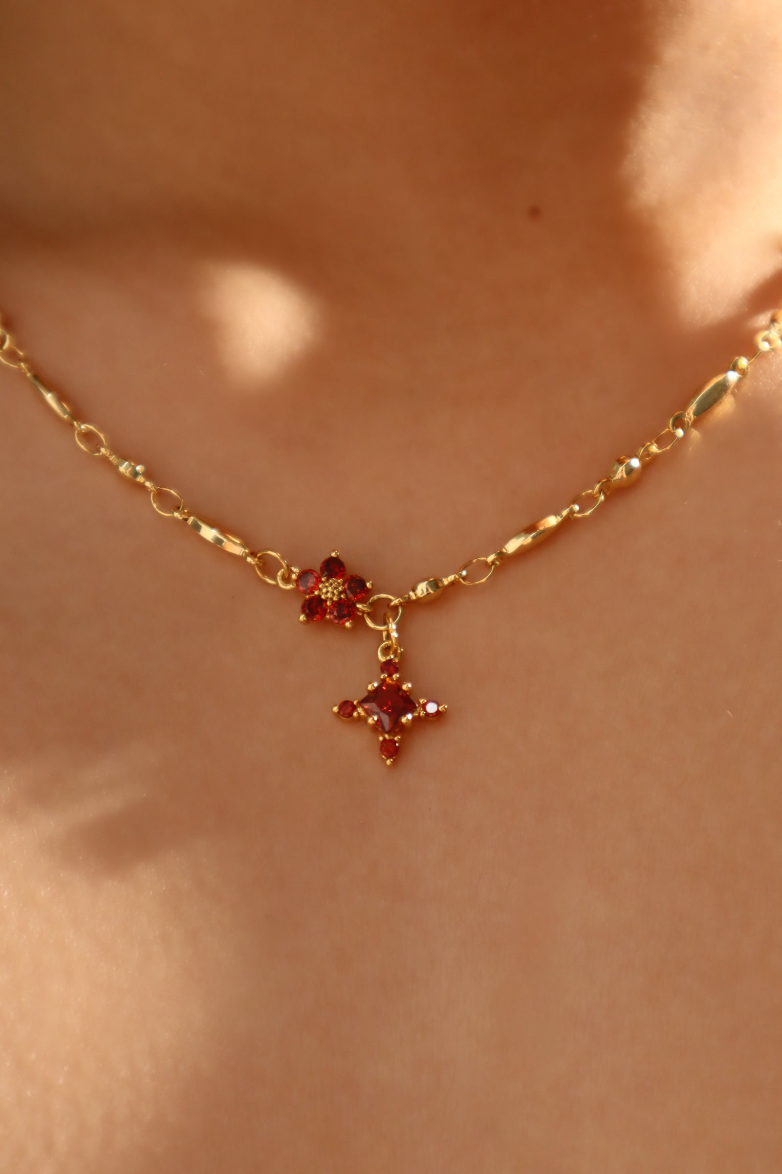 18K Real Gold Plated Garnet Starlight Cross Necklace