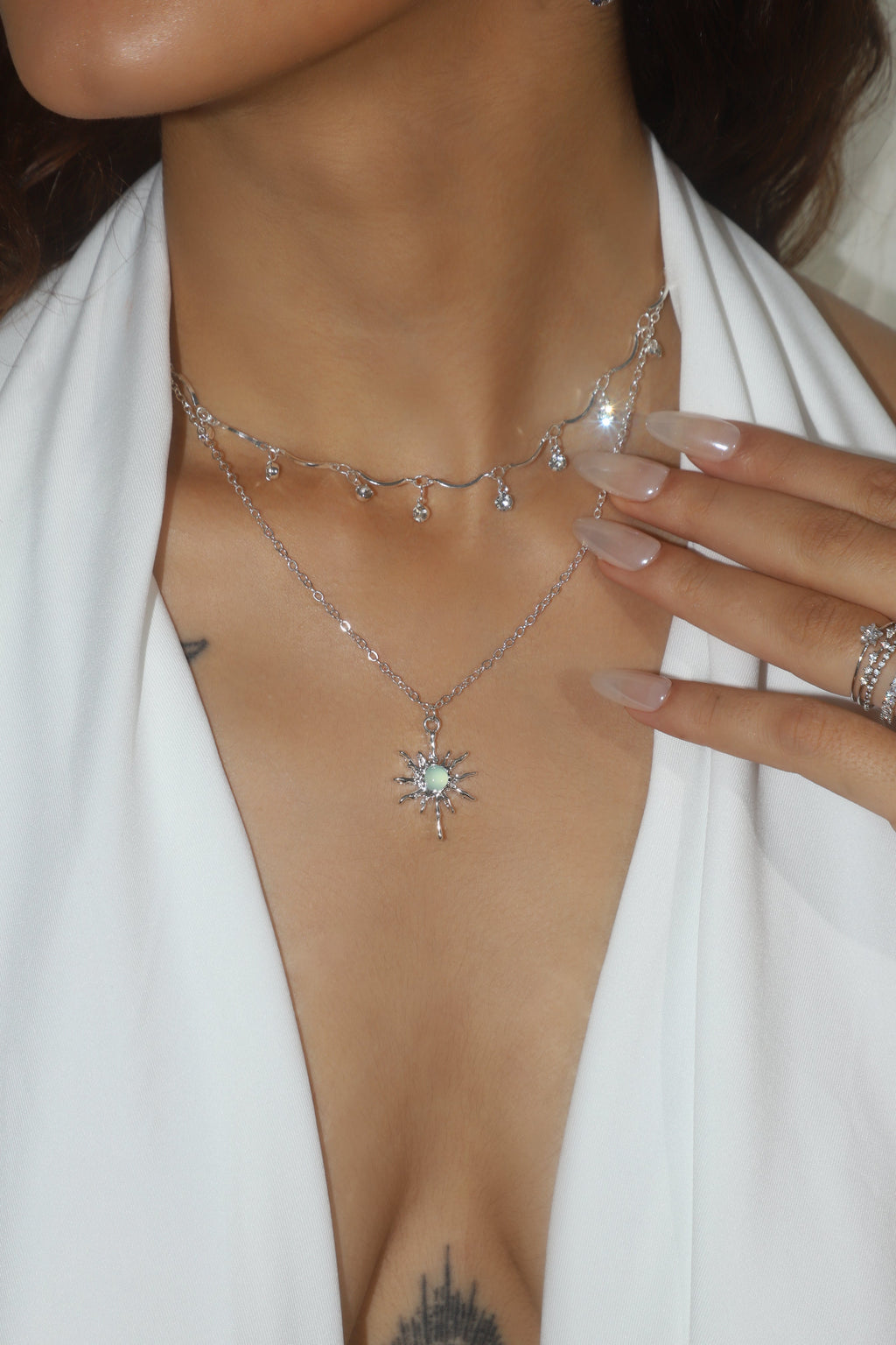 Palladium White Gold Plated Pole Star Wave Layer Necklace
