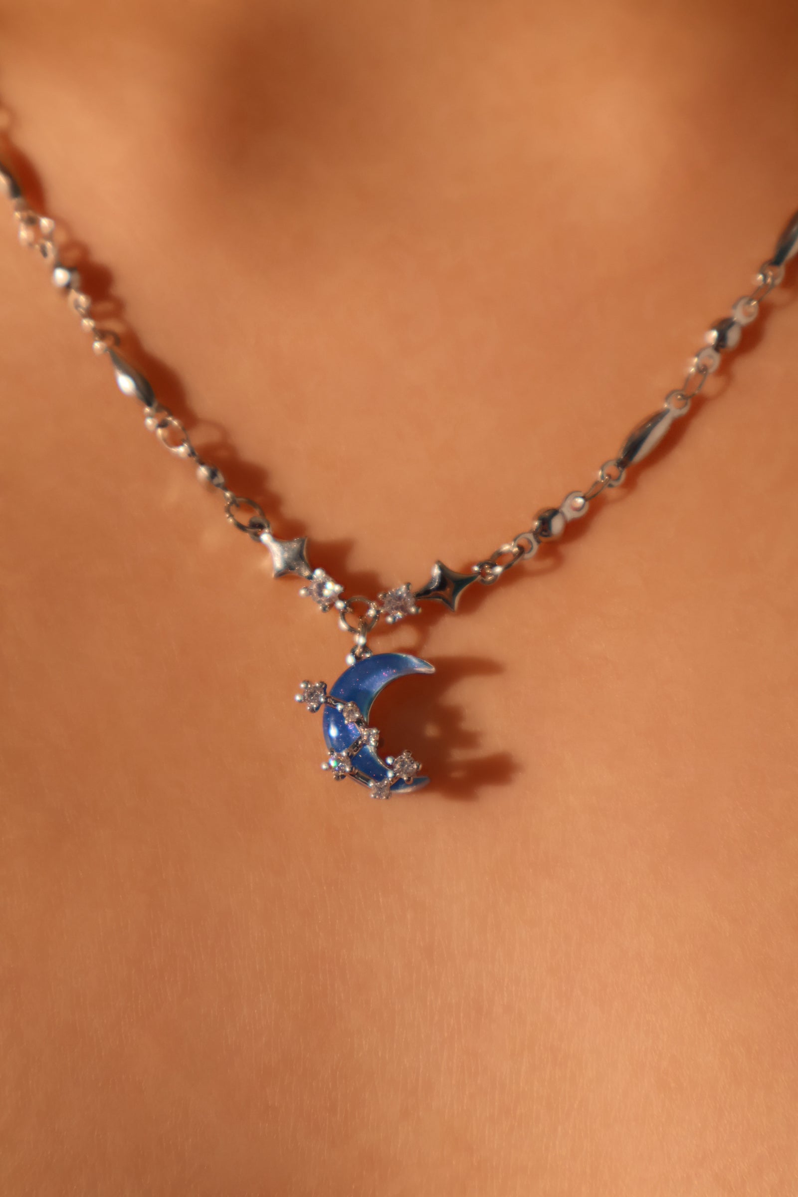 Palladium White Gold Plated Moonstone Moon Star Necklace
