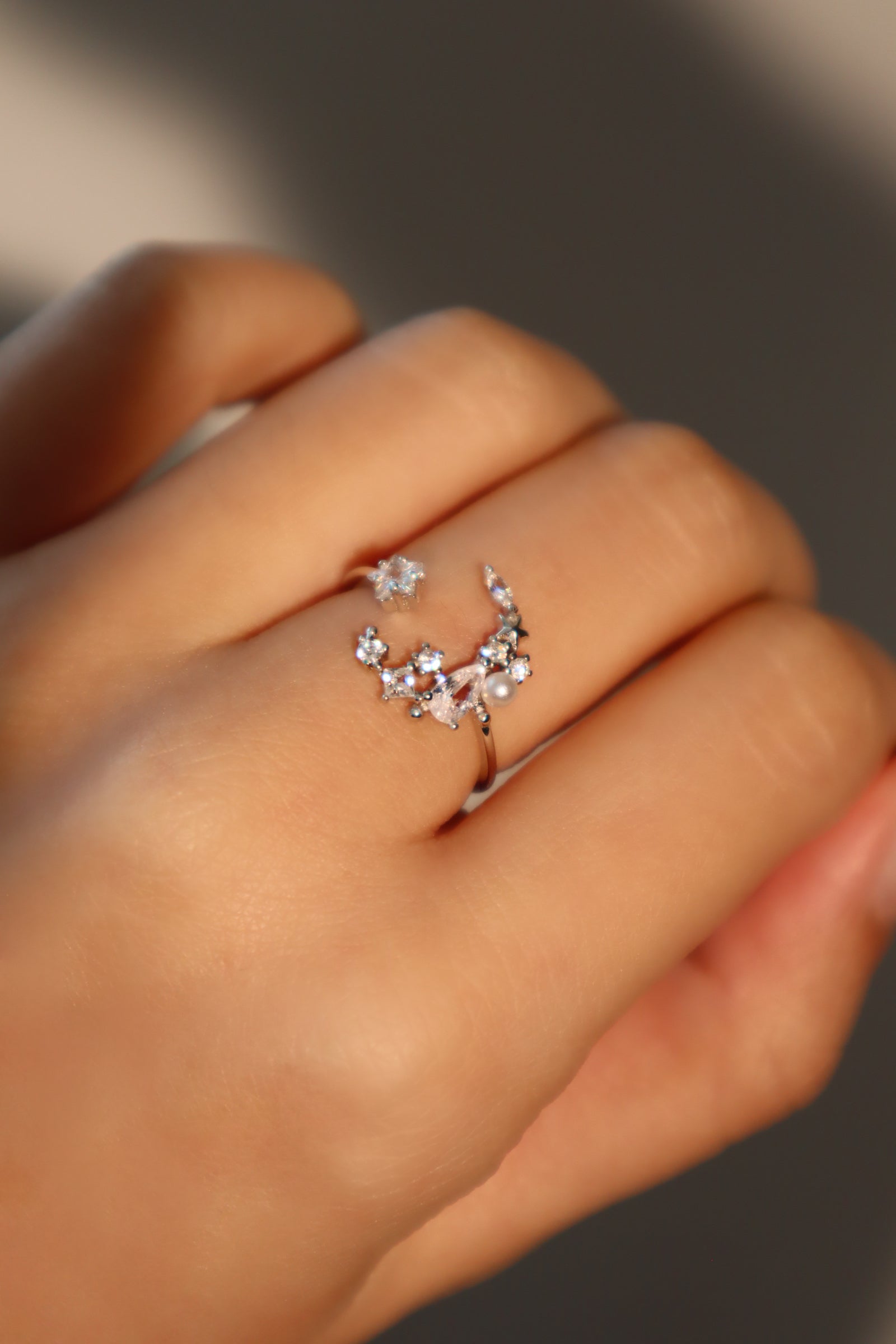 925 Sterling Silver Moon Star Ring