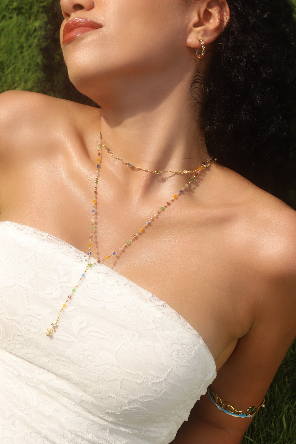 18K Real Gold Plated Color Gem Rose Lariat Long Necklace
