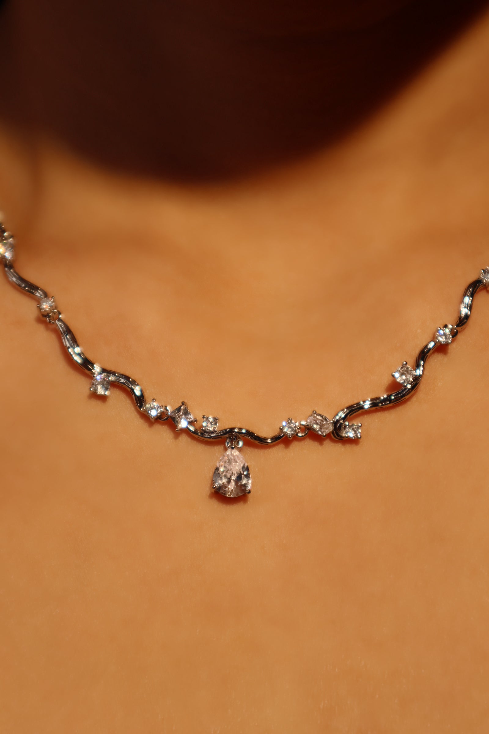 Palladium White Gold Plated Spiral Drop Necklace