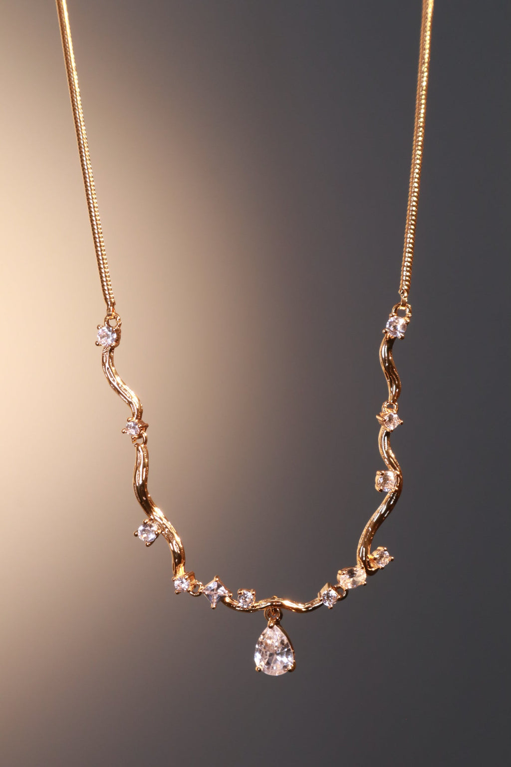 18K Real Gold Plated Diamond Spiral Drop Necklace