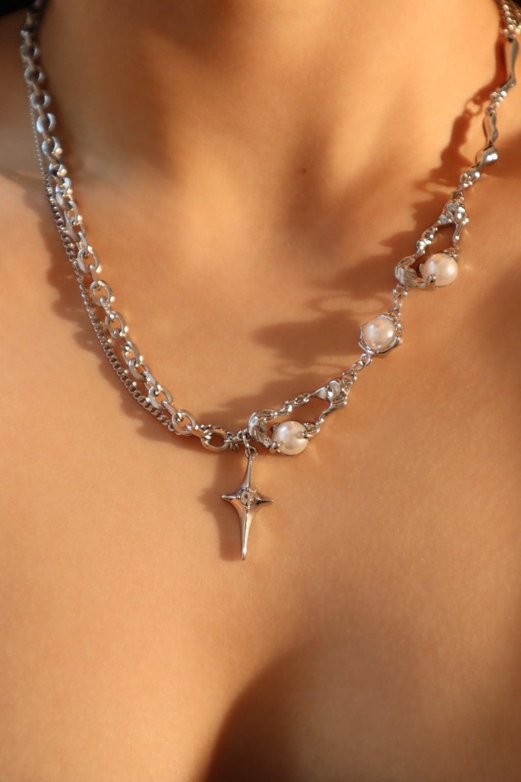Palladium White Gold Plated Pearl Star Necklace