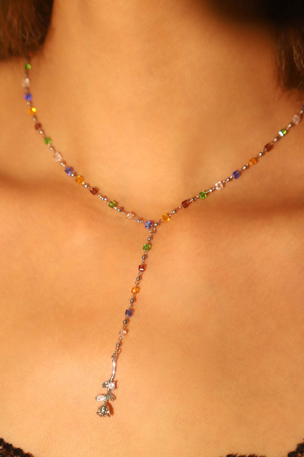Palladium White Gold Plated Color Gem Rose Lariat Long Necklace