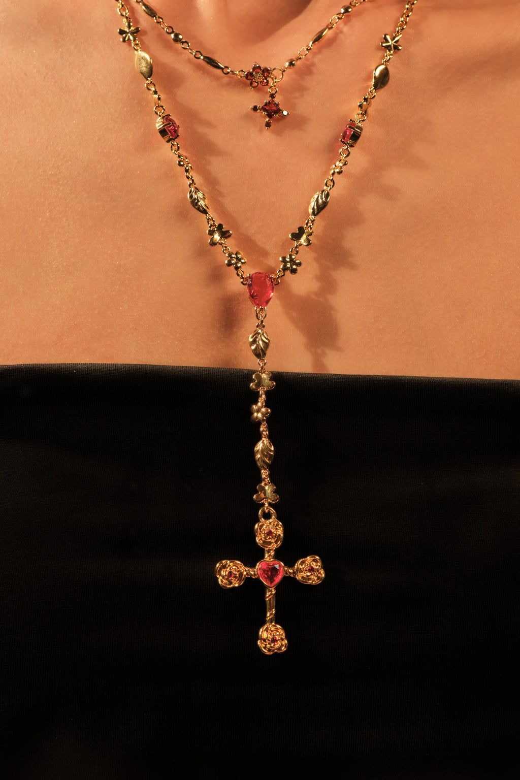 18K Real Gold Plated Garnet Starlight Cross Necklace