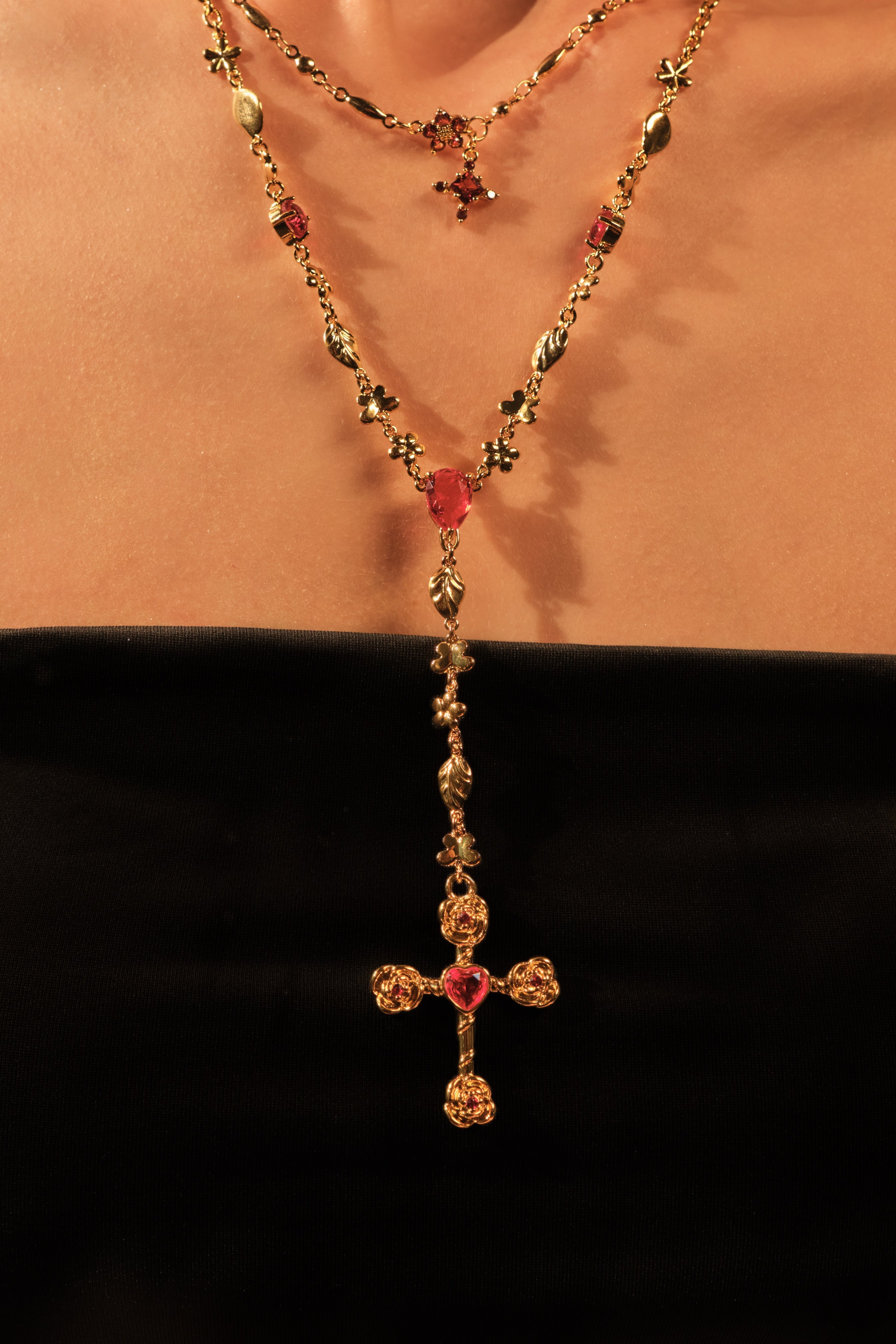 18K Real Gold Plated Garnet Starlight Cross Necklace