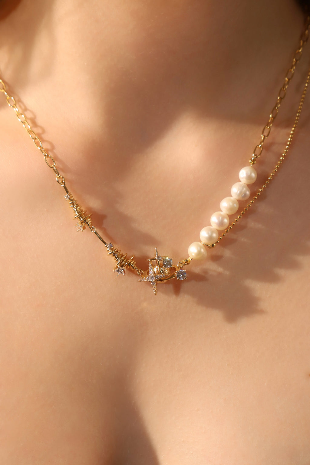 18K Real Gold Plated Diamond Saturn Star Pearls Necklace