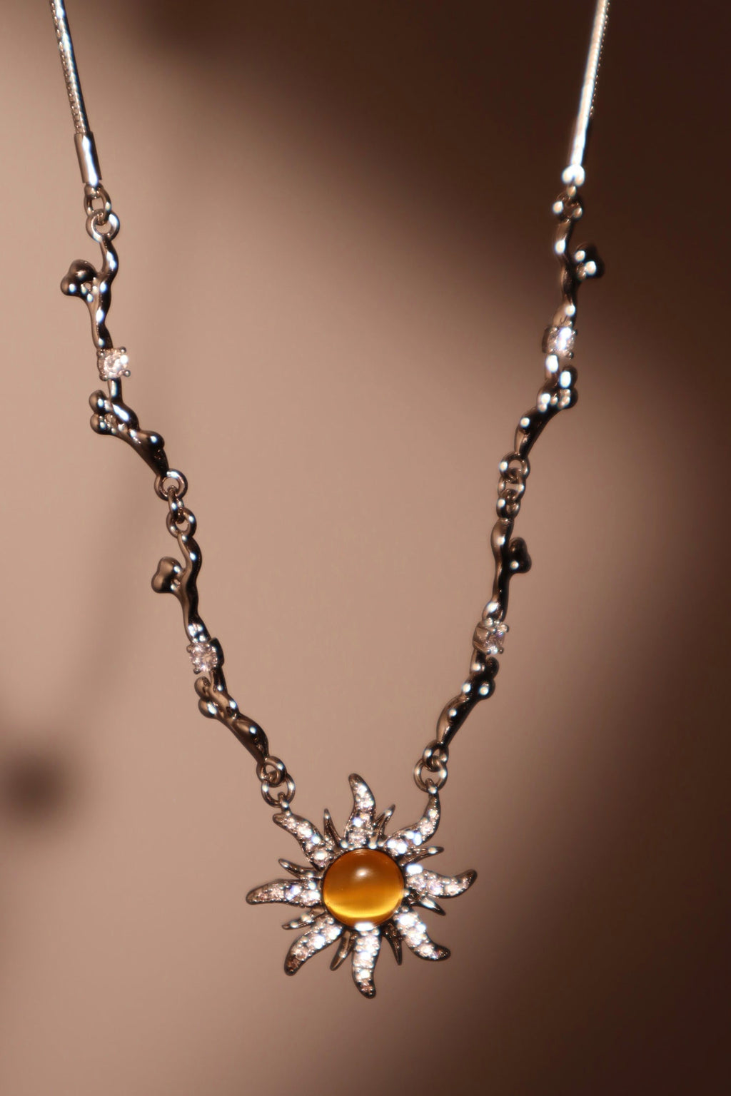 Palladium White Gold Plated Orange Opal Sun Necklace