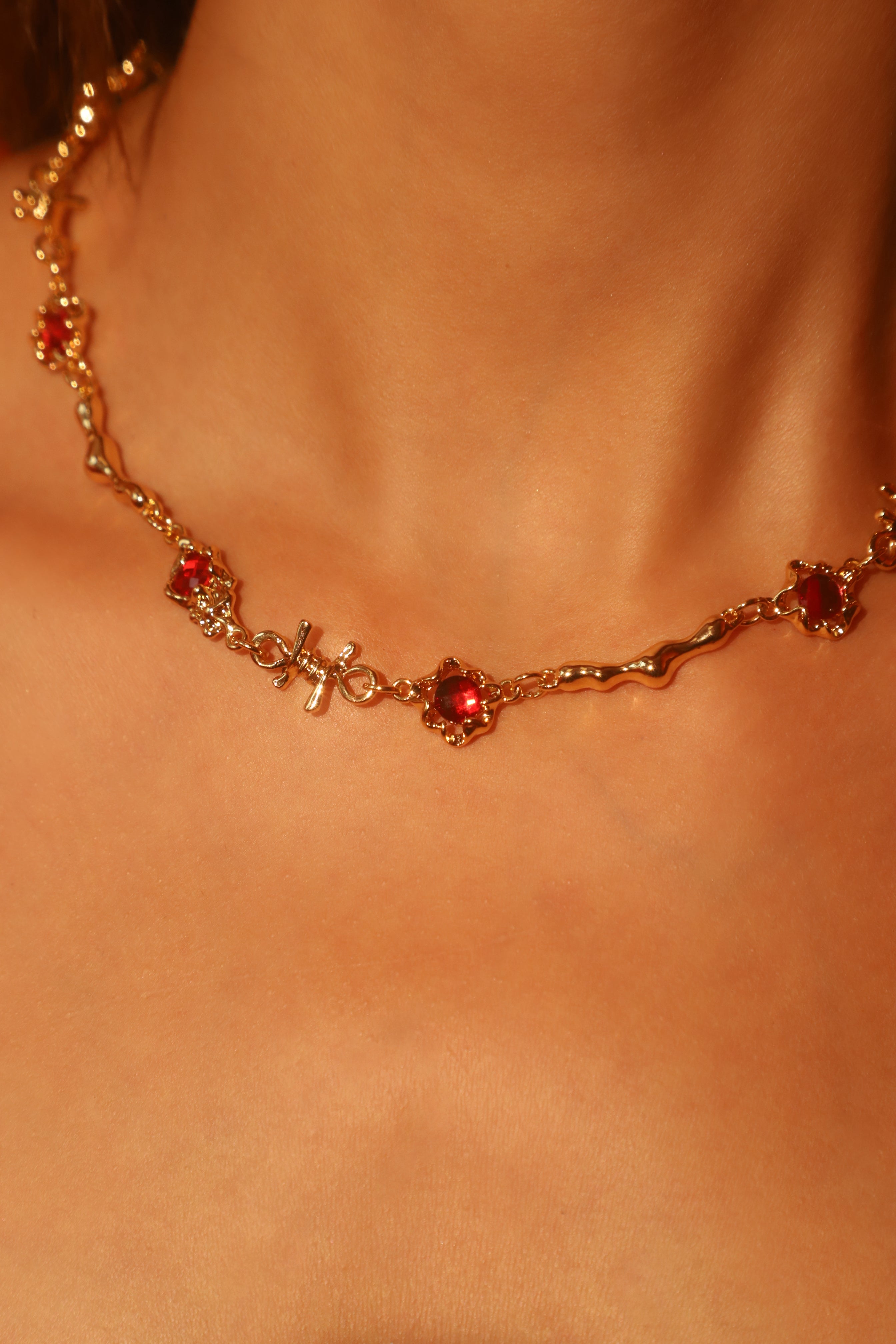 18K Real Gold Plated Multi Red Gem Twist Necklace