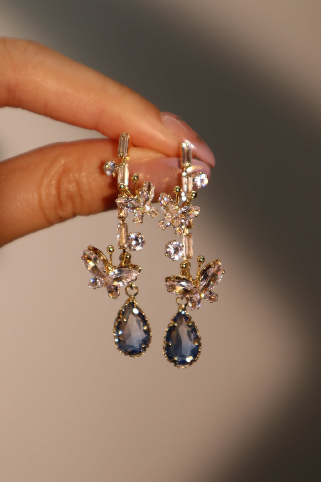 14K Real Gold Plated Diamond Butterfly Blue Drop Earrings