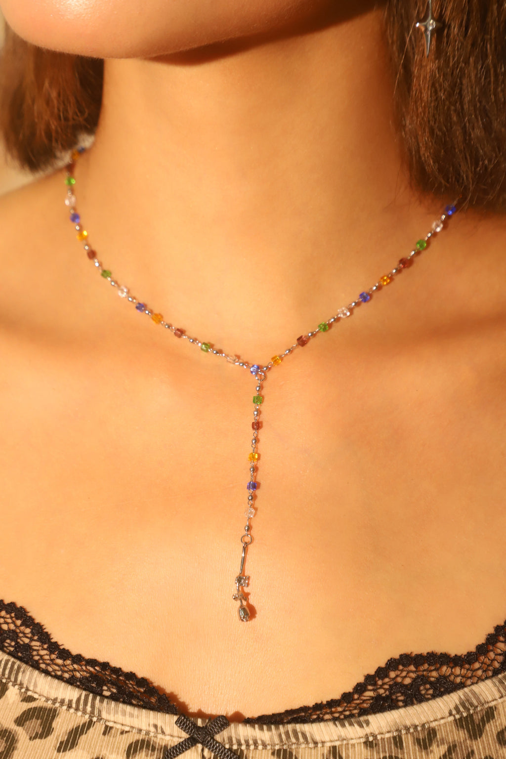 Palladium White Gold Plated Color Gem Rose Lariat Long Necklace