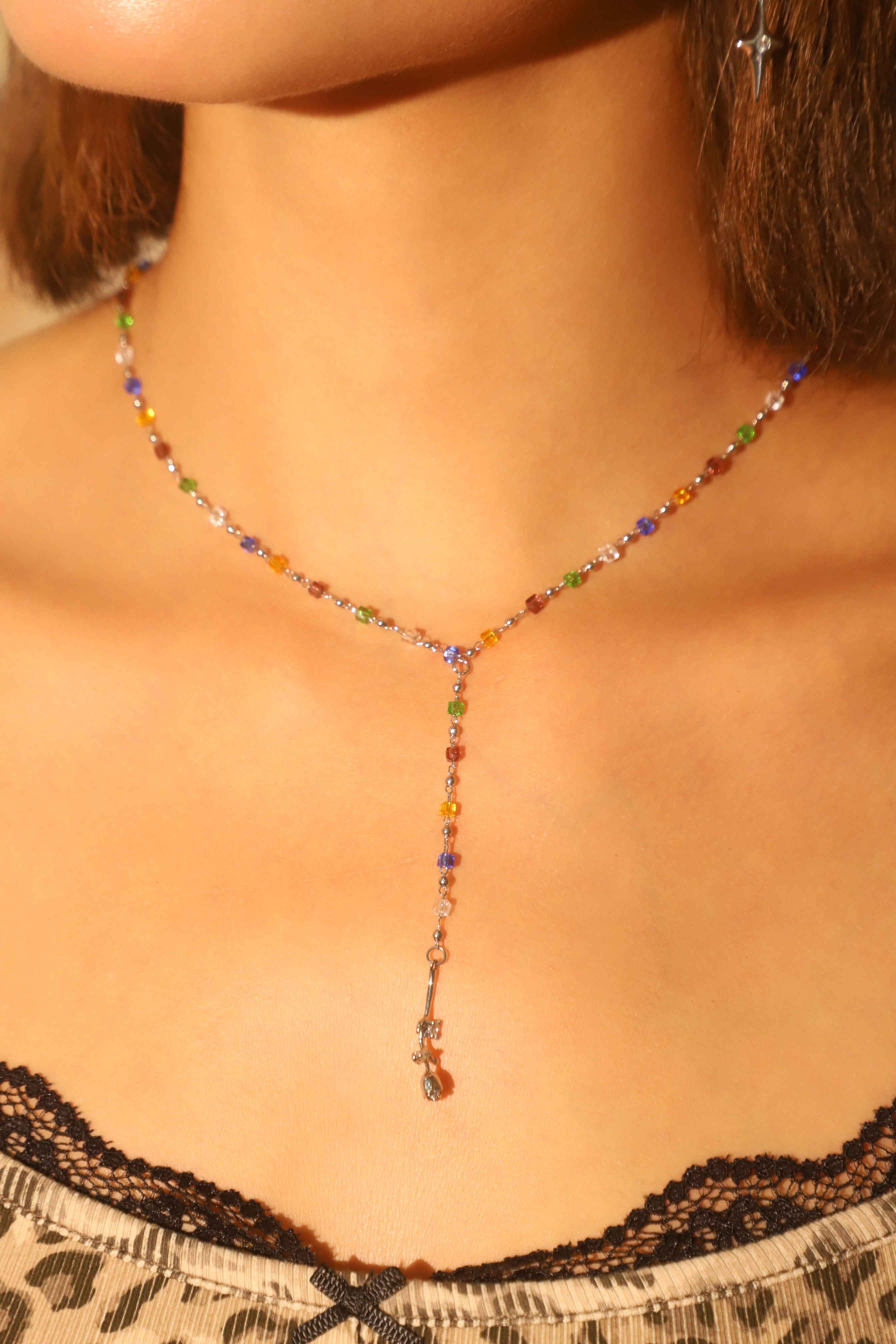 Palladium White Gold Plated Color Gem Rose Lariat Long Necklace