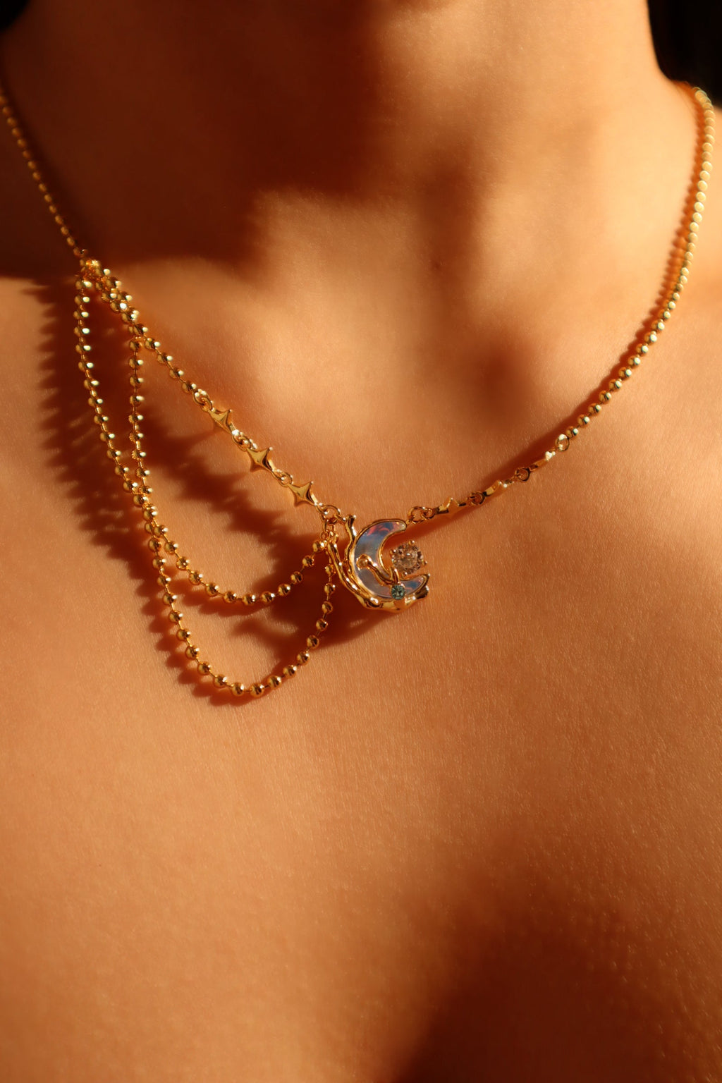 18K Real Gold Plated Diamond Moonstone Moon Necklace
