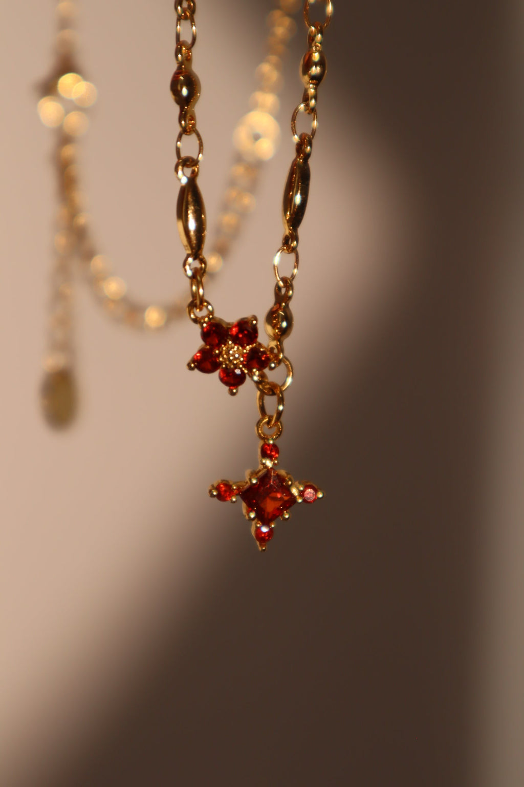18K Real Gold Plated Garnet Starlight Cross Necklace