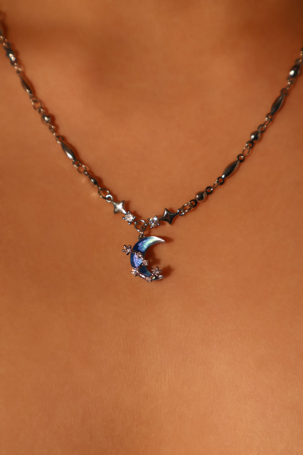Palladium White Gold Plated Moonstone Moon Star Necklace