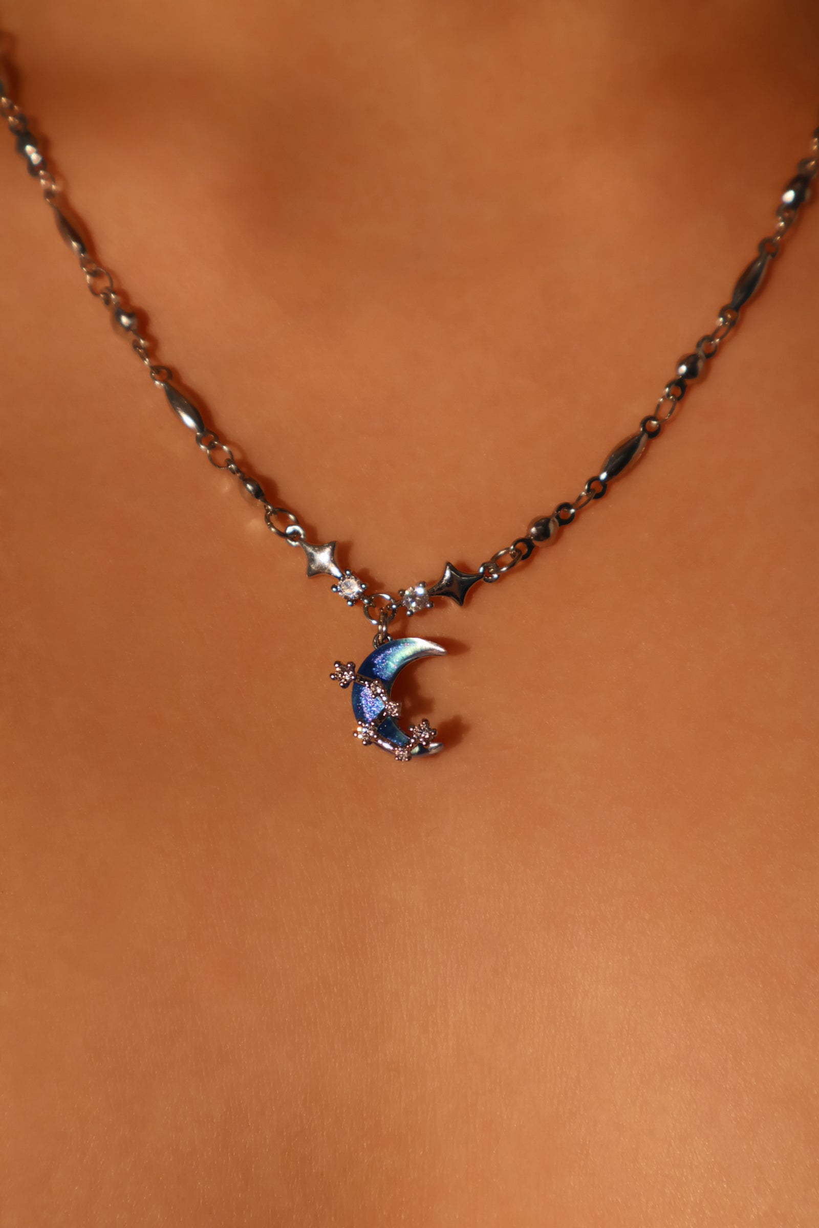 Palladium White Gold Plated Moonstone Moon Star Necklace