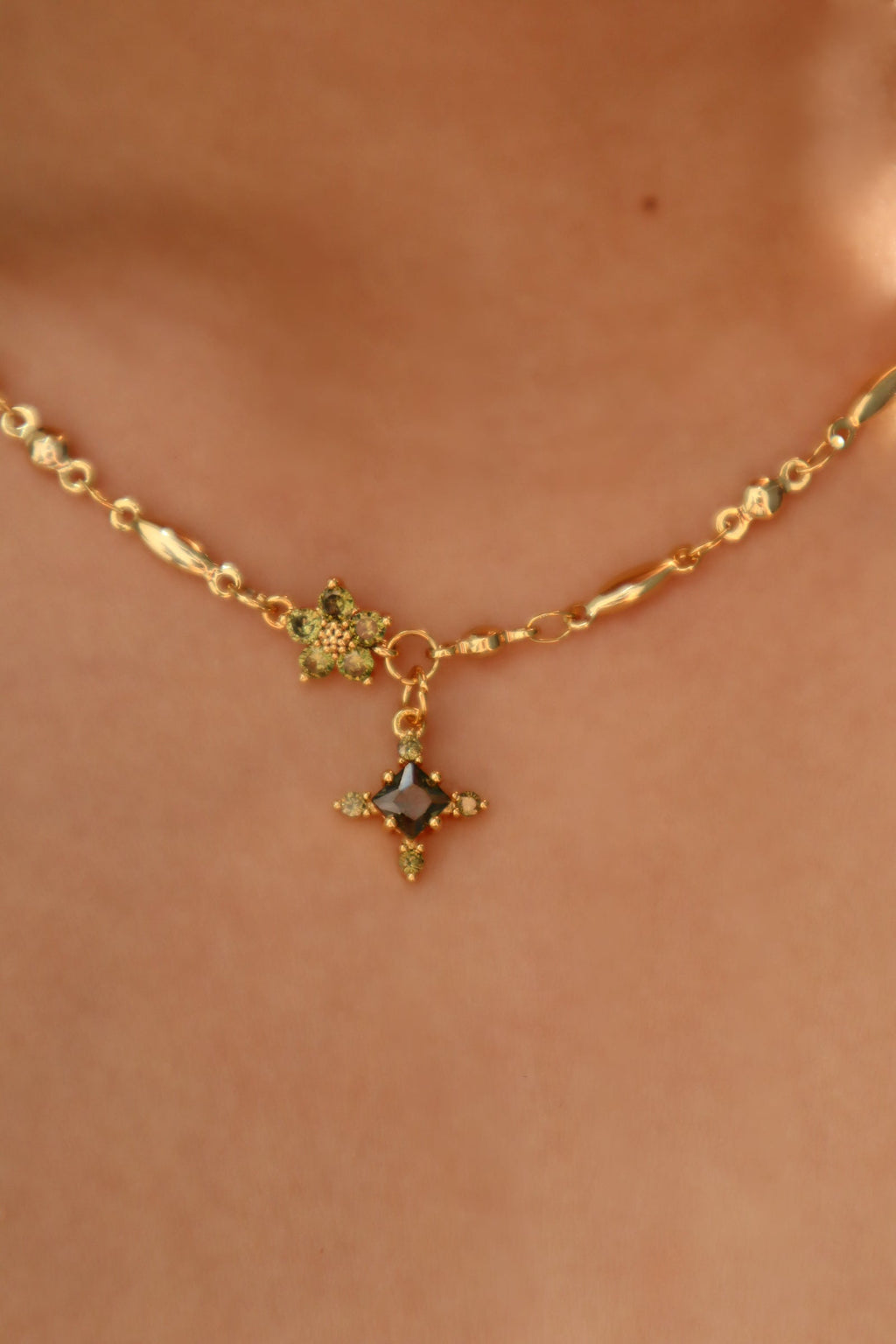 18K Real Gold Plated Peridot Starlight Cross Necklace
