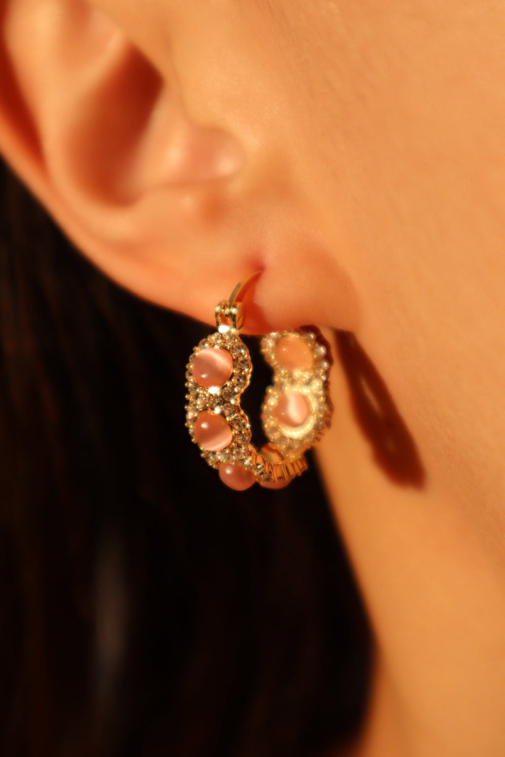14K Real Gold Plated Pink Opal Hoop Earrings