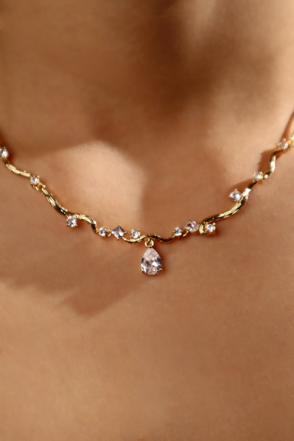 18K Real Gold Plated Diamond Spiral Drop Necklace