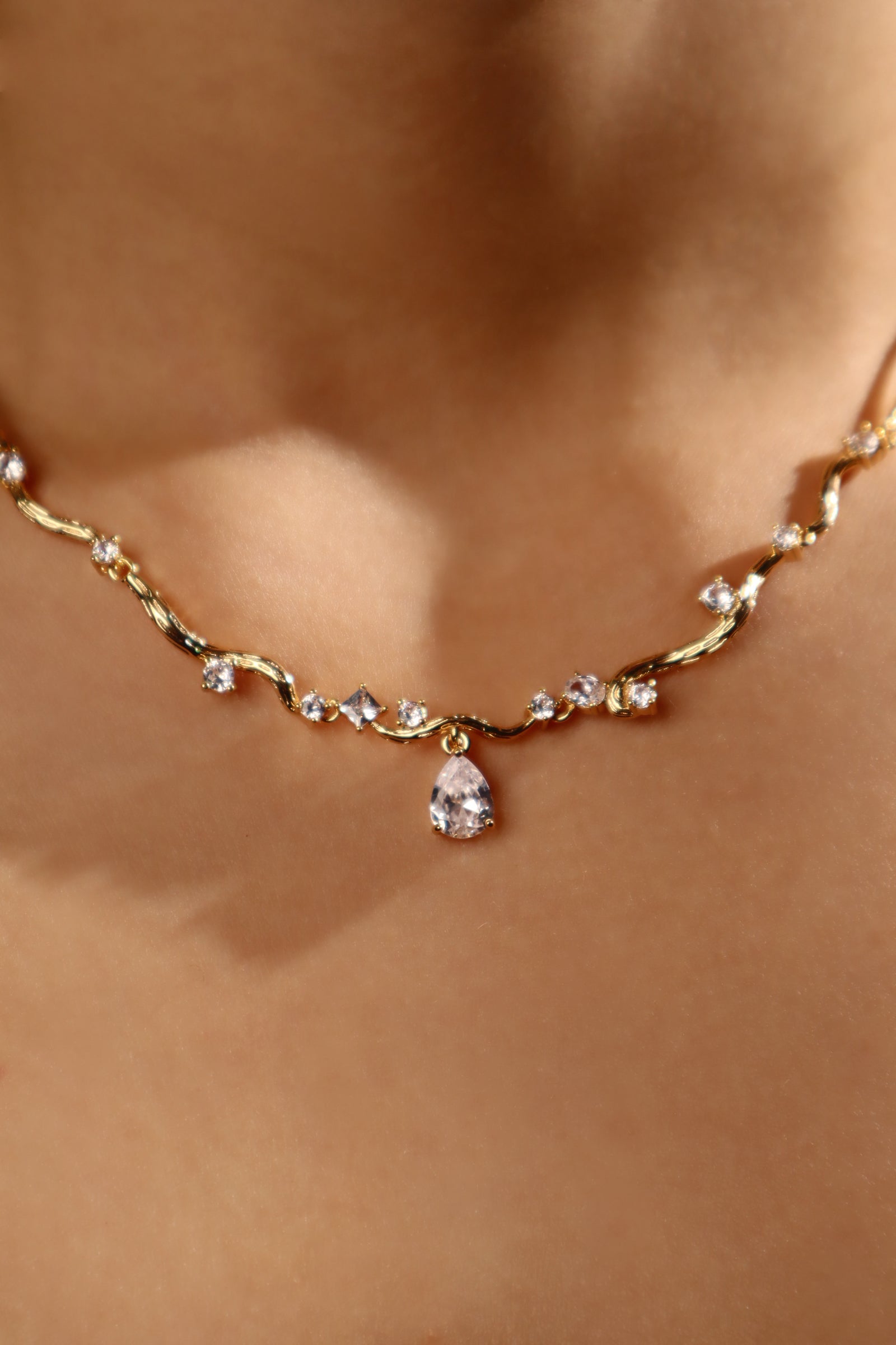 18K Real Gold Plated Diamond Spiral Drop Necklace