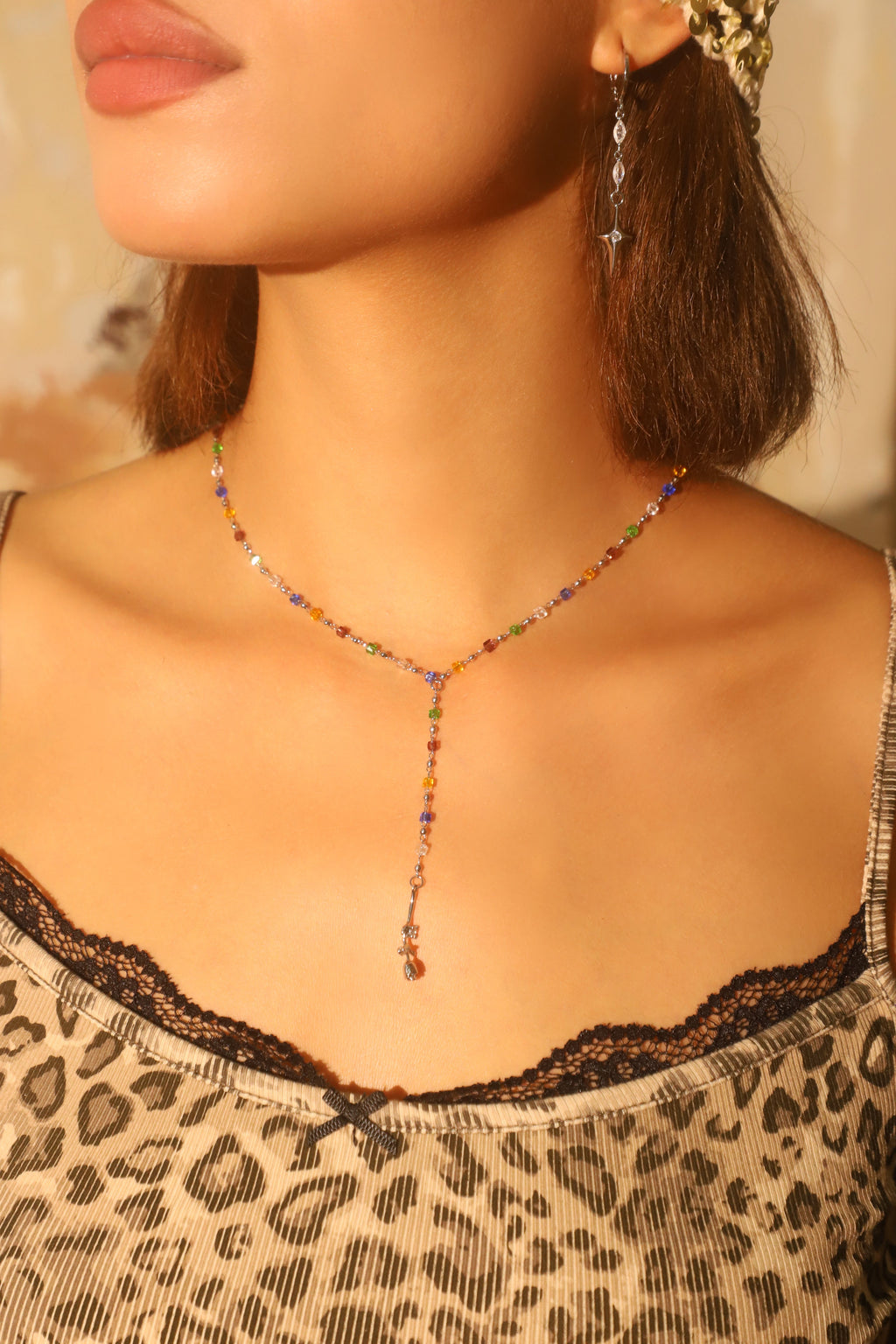 Palladium White Gold Plated Color Gem Rose Lariat Long Necklace