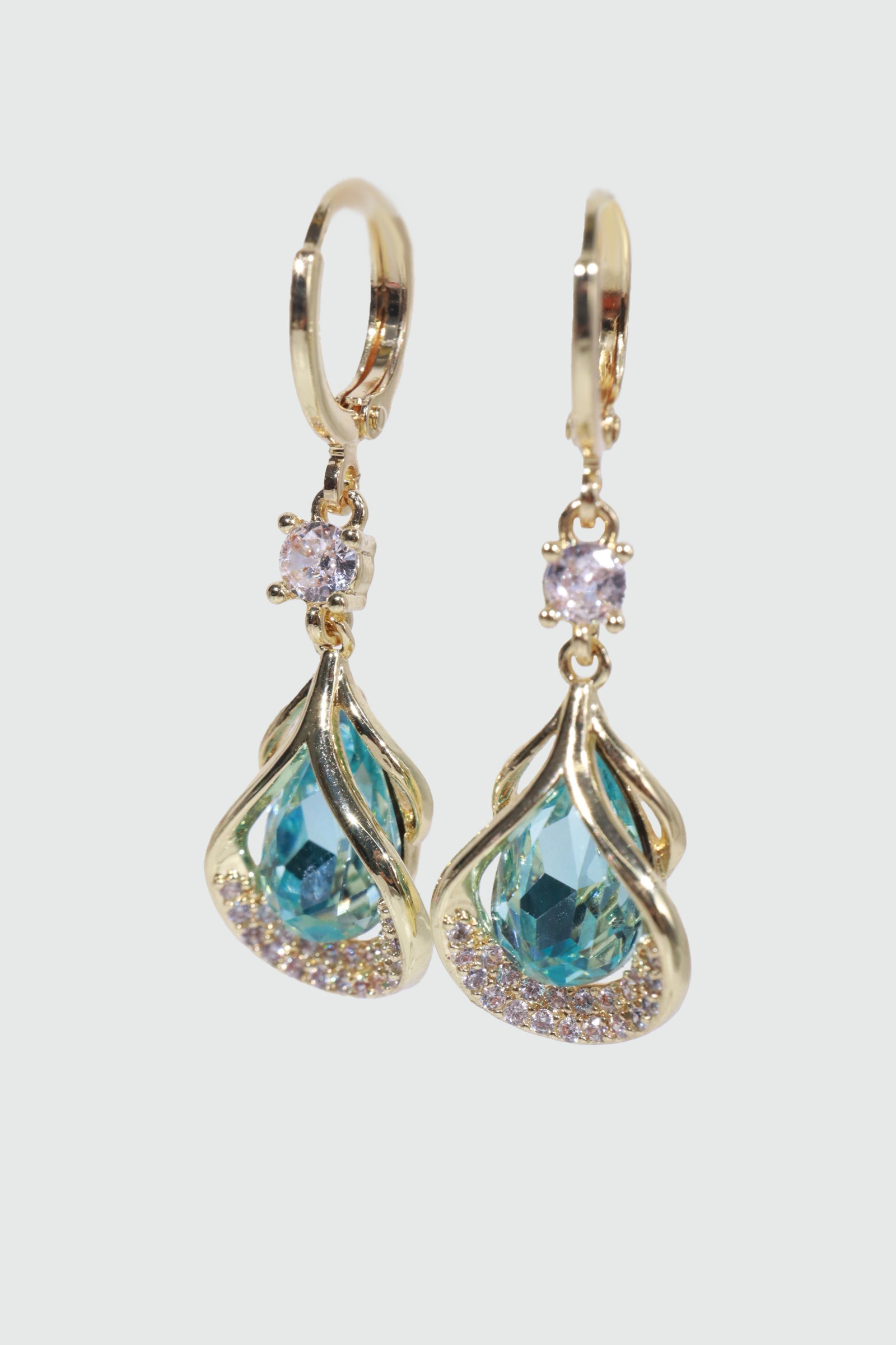 14K Real Gold Plated Blue Gem Sector Droplet Earrings