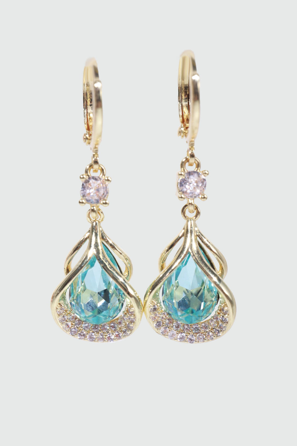 14K Real Gold Plated Blue Gem Sector Droplet Earrings
