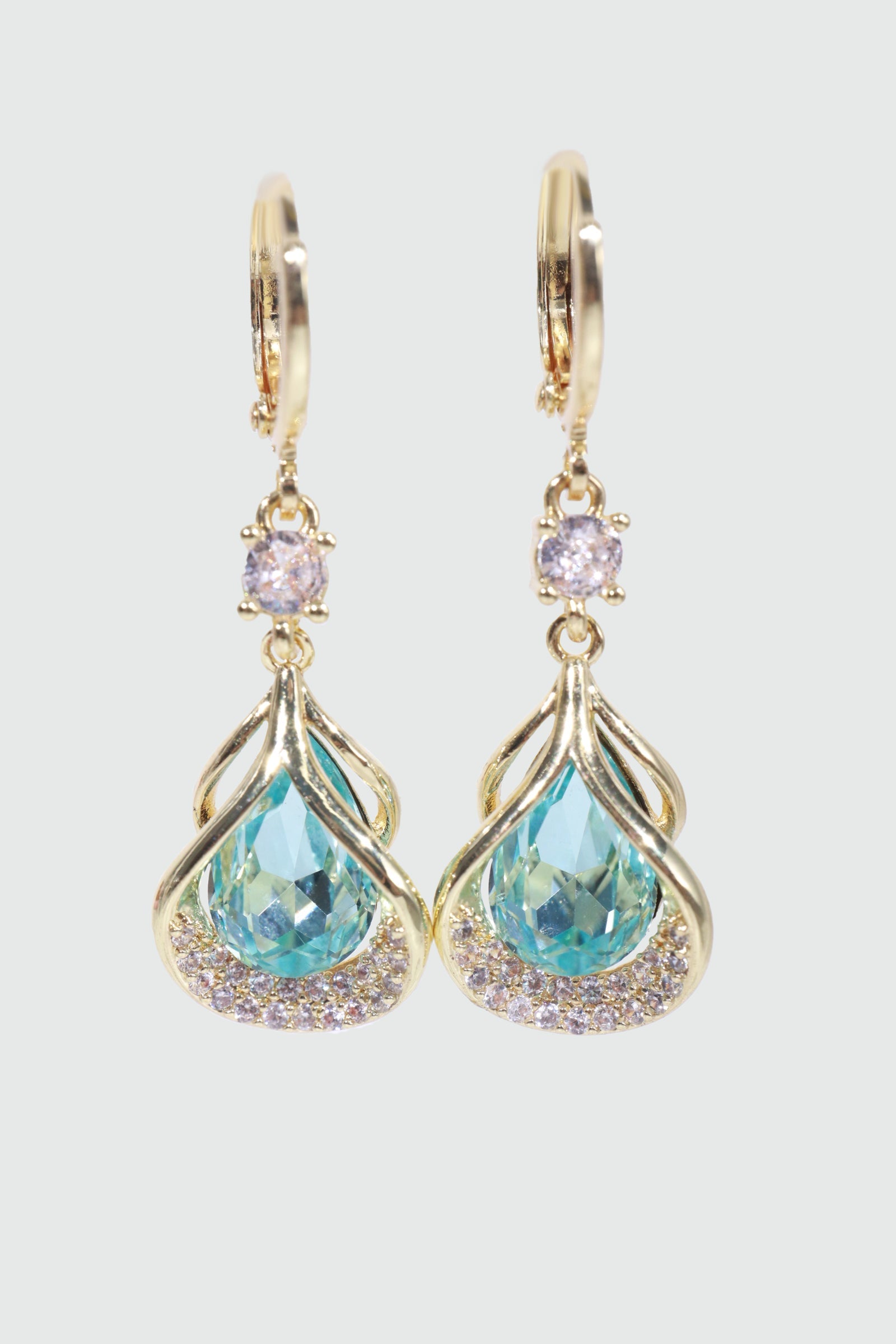 14K Real Gold Plated Blue Gem Sector Droplet Earrings