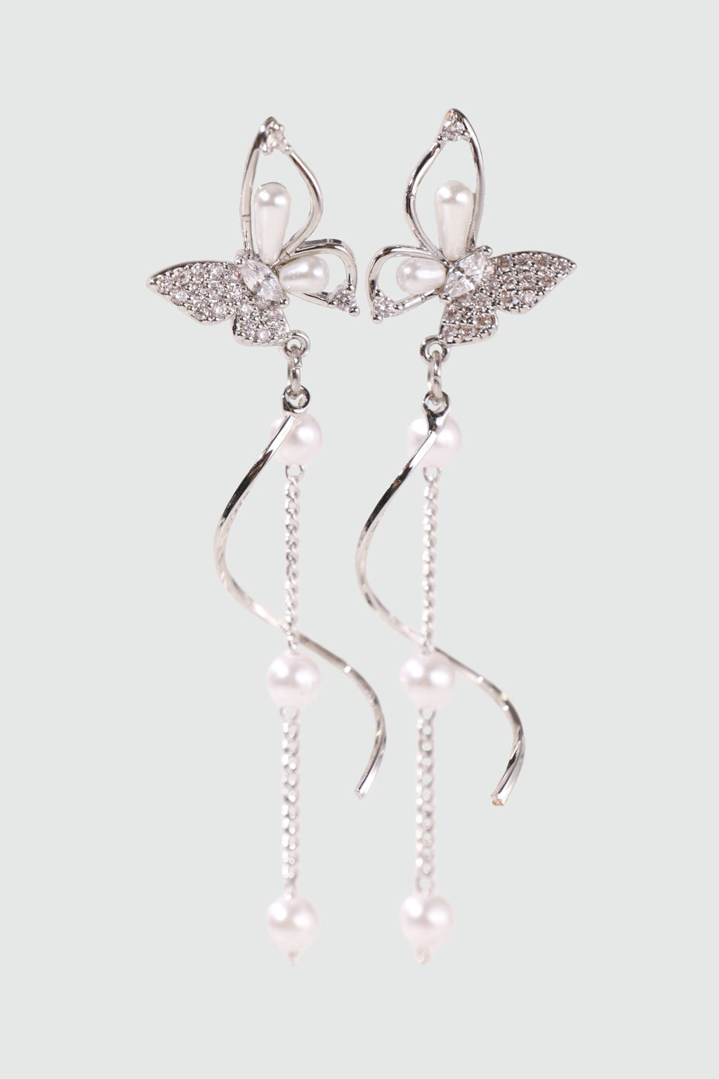 Palladium White Gold Plated Diamond Butterfly Pearls Dangle Earrings