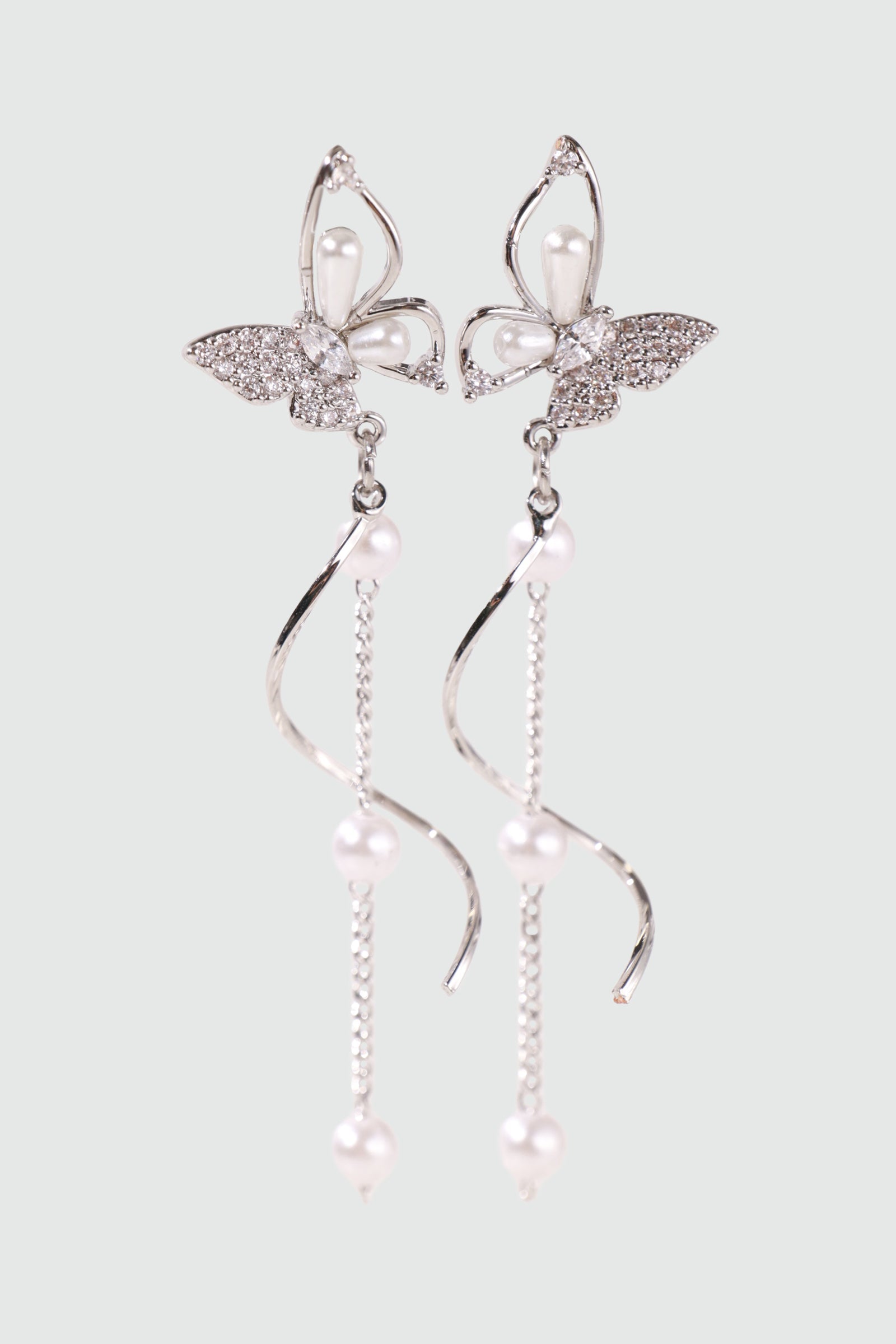 Palladium White Gold Plated Diamond Butterfly Pearls Dangle Earrings