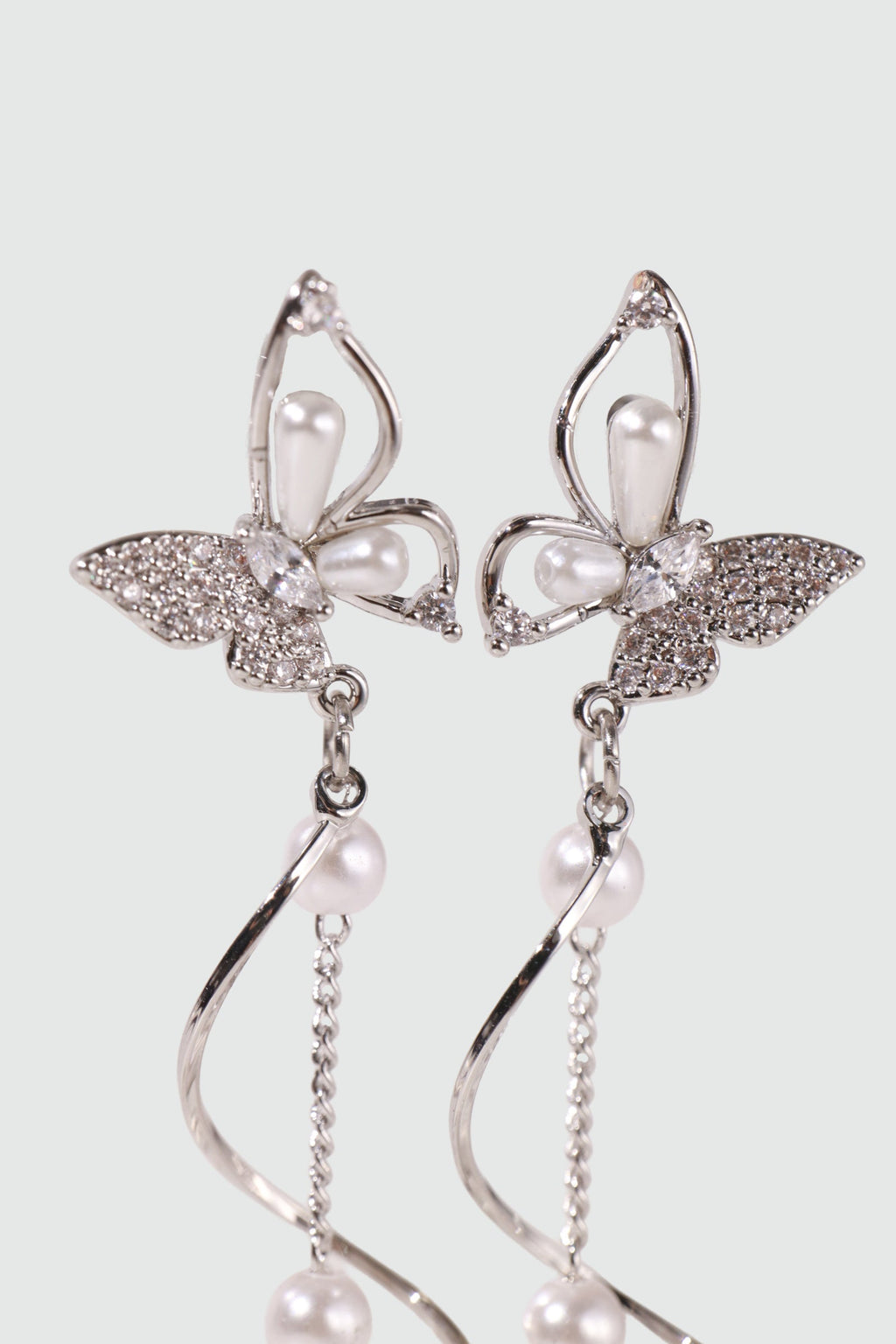 Palladium White Gold Plated Diamond Butterfly Pearls Dangle Earrings