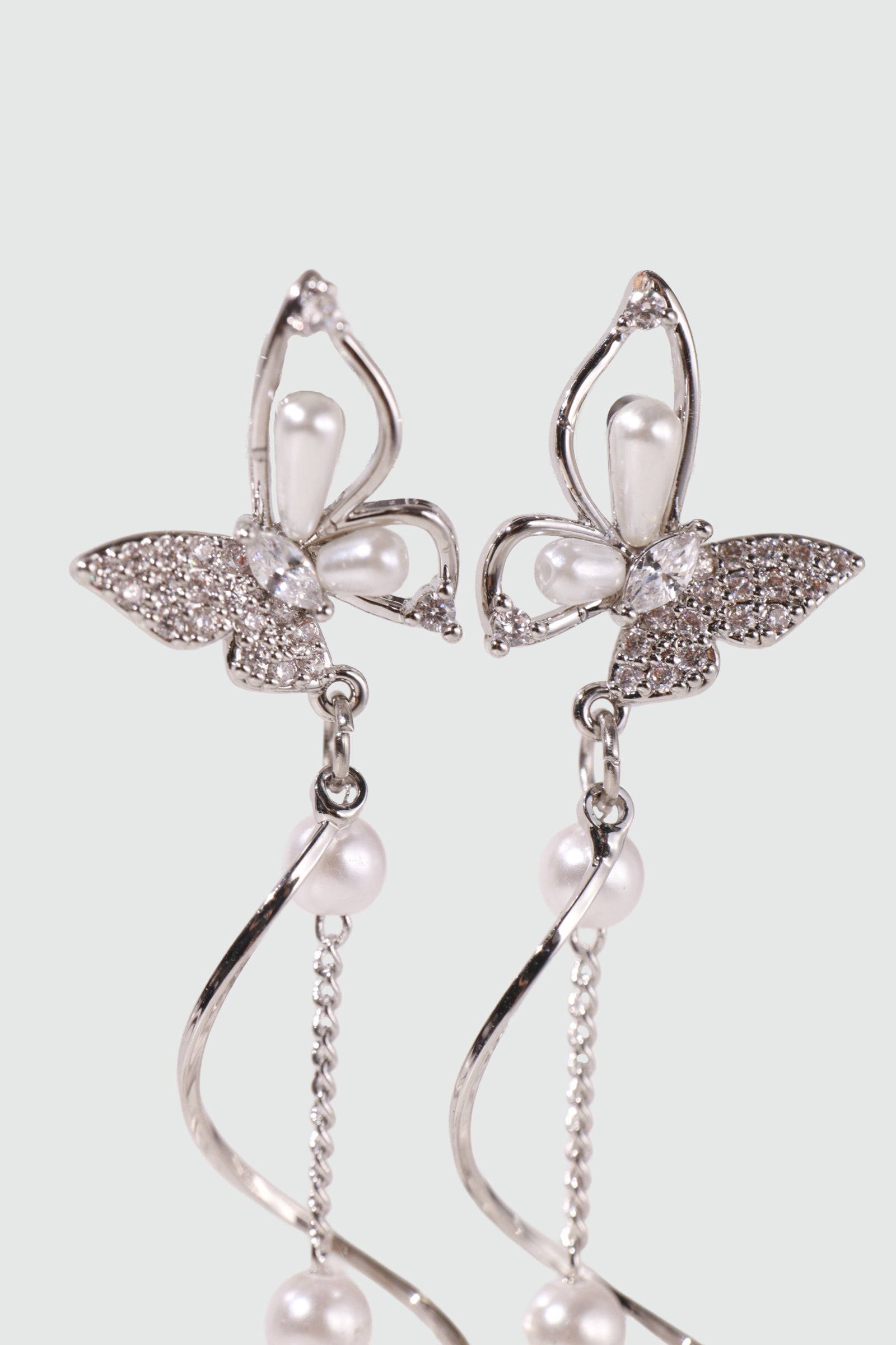 Palladium White Gold Plated Diamond Butterfly Pearls Dangle Earrings