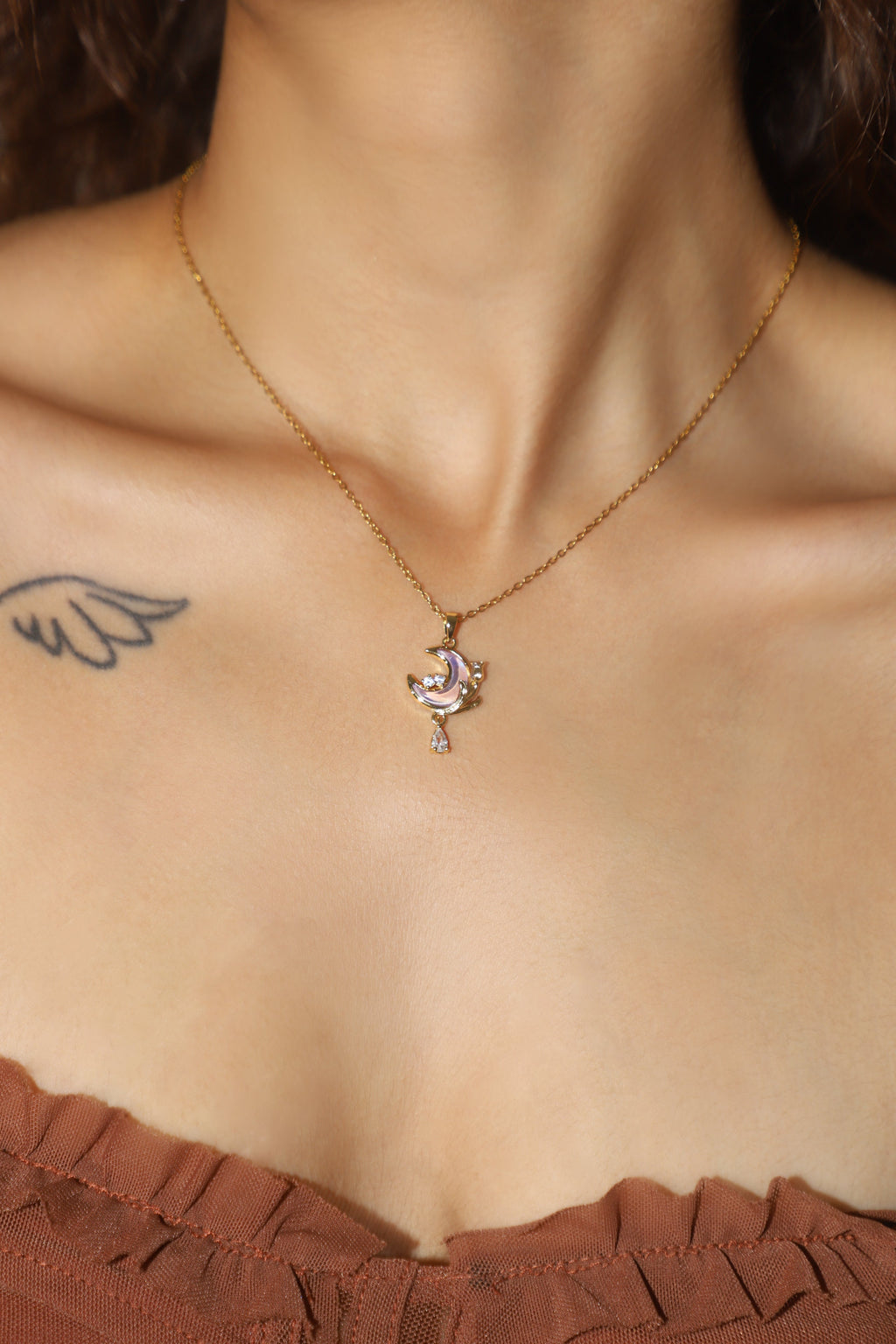 18K Real Gold Plated Moonstone Rose Moon Necklace