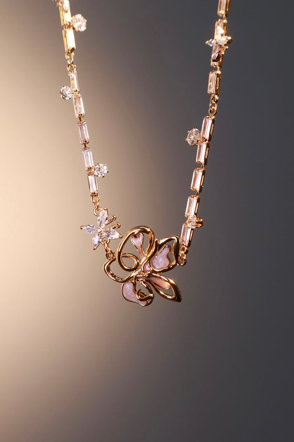 18K Real Gold Plated Butterfly Pink Flower Necklace