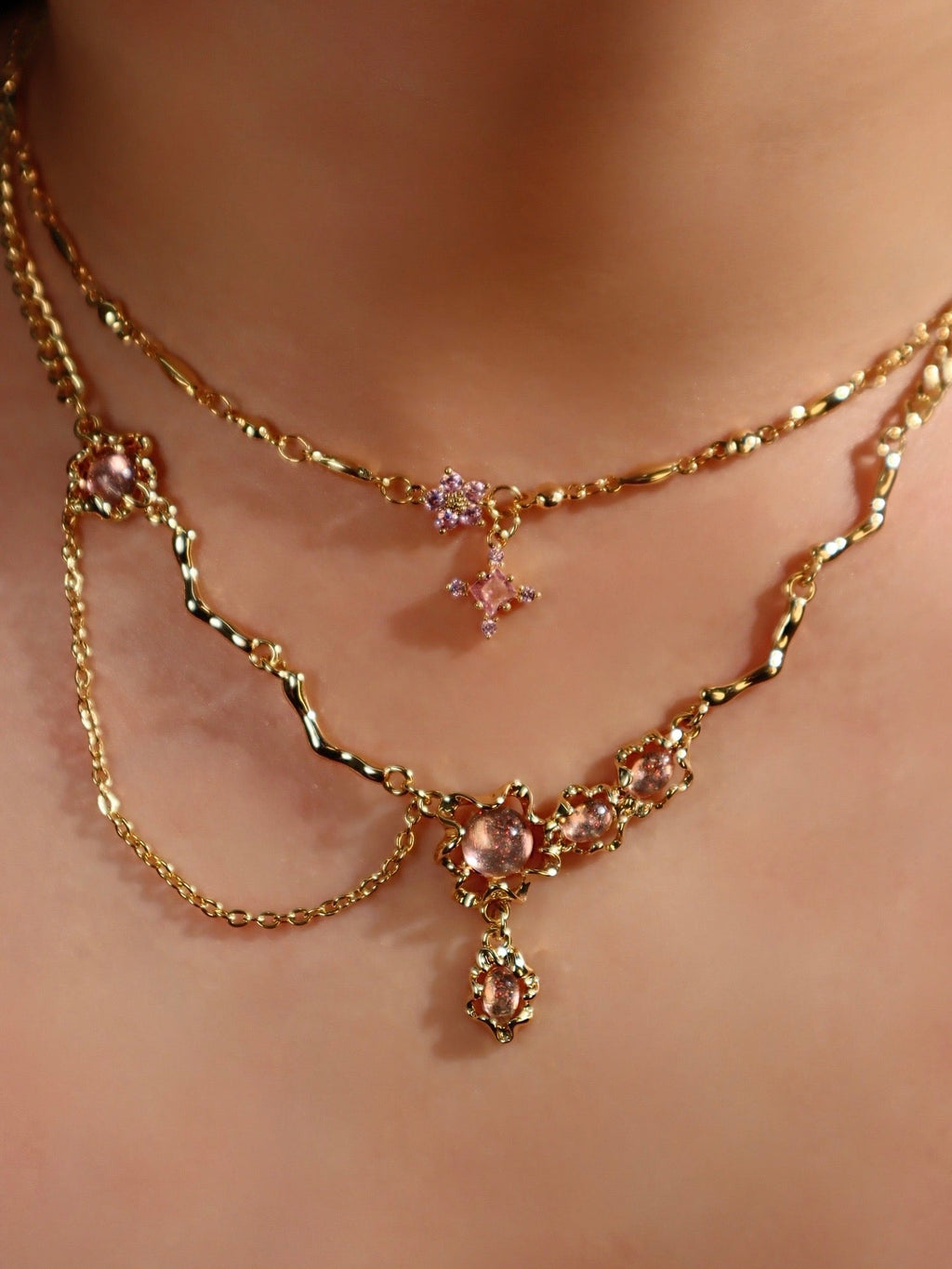 18K Real Gold Plated Pink Lavender Gem Dangle Necklace