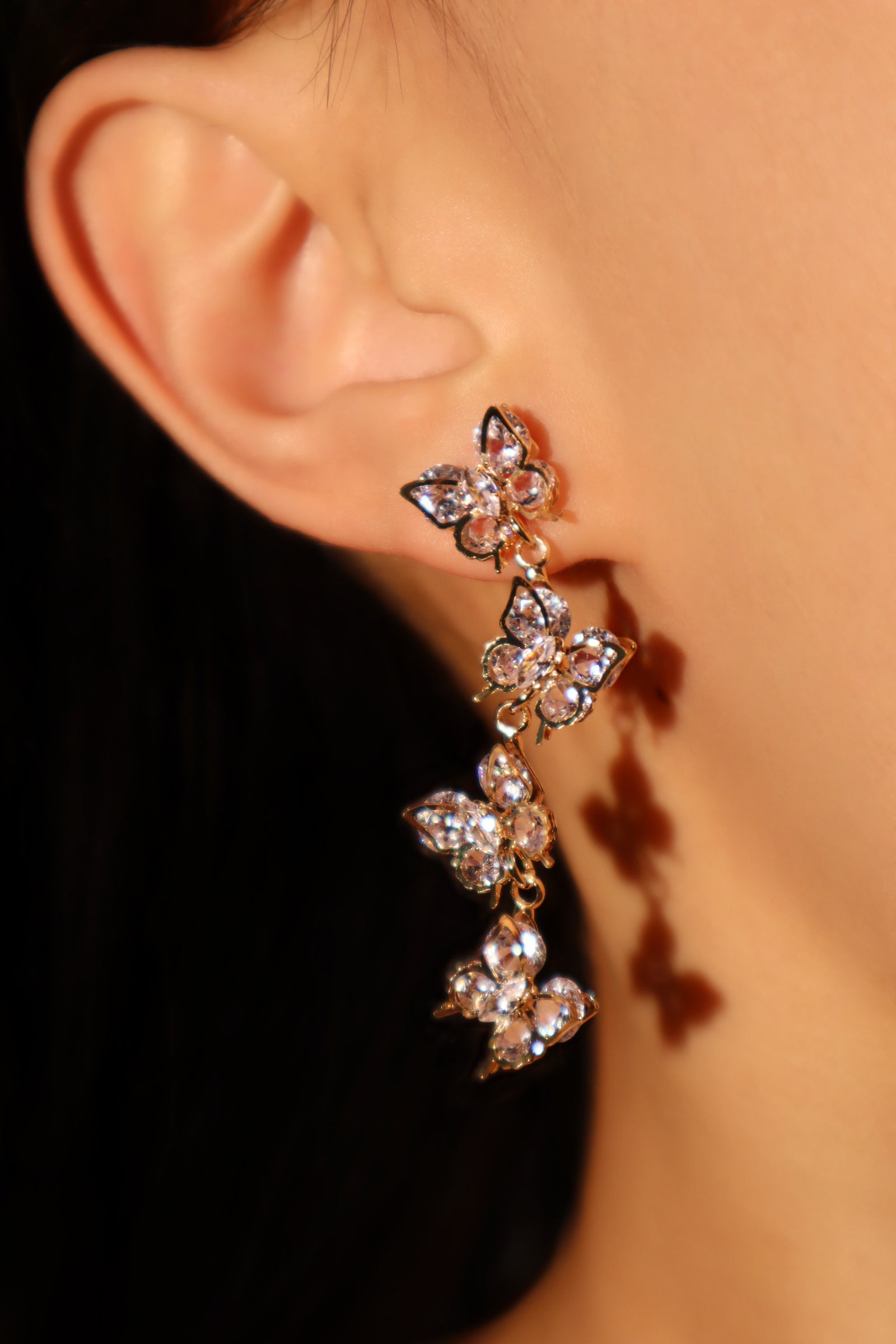 14K Real Gold Plated Diamond Butterfly Dangle Earrings