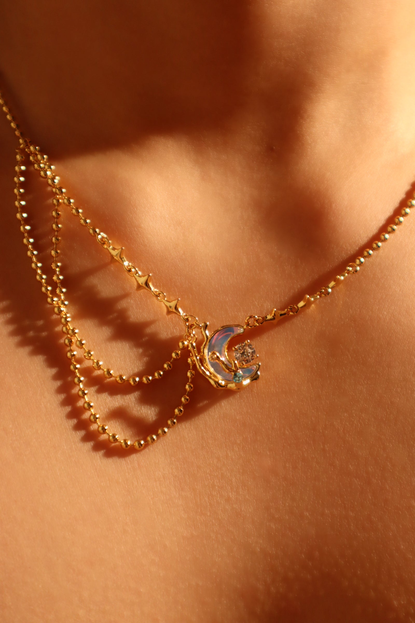 18K Real Gold Plated Diamond Moonstone Moon Necklace