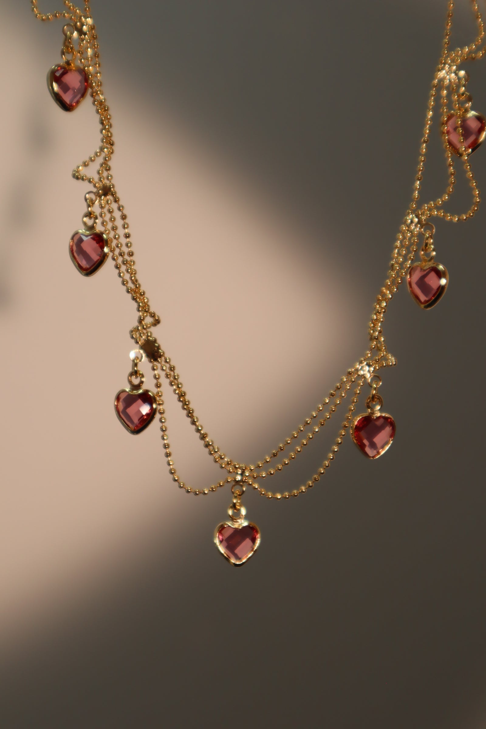 14K Real Gold Plated Double Layer Pink Heart Necklace