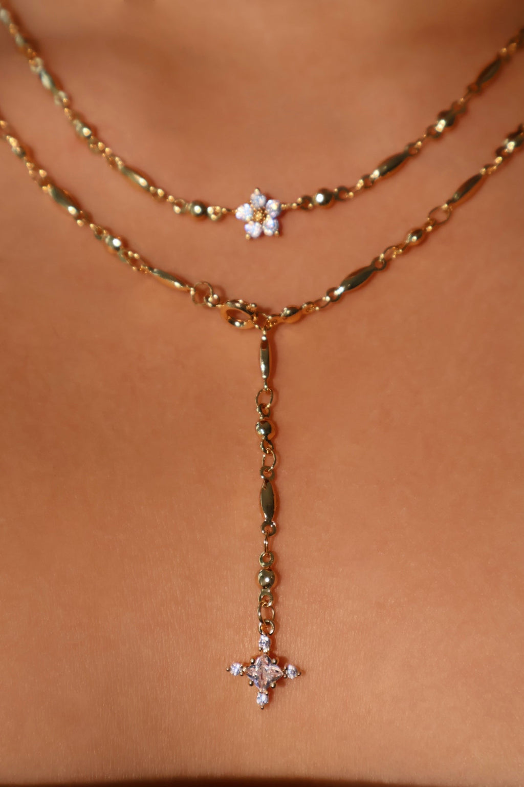 18K Real Gold Plated Starlight Cross Lariat Necklace