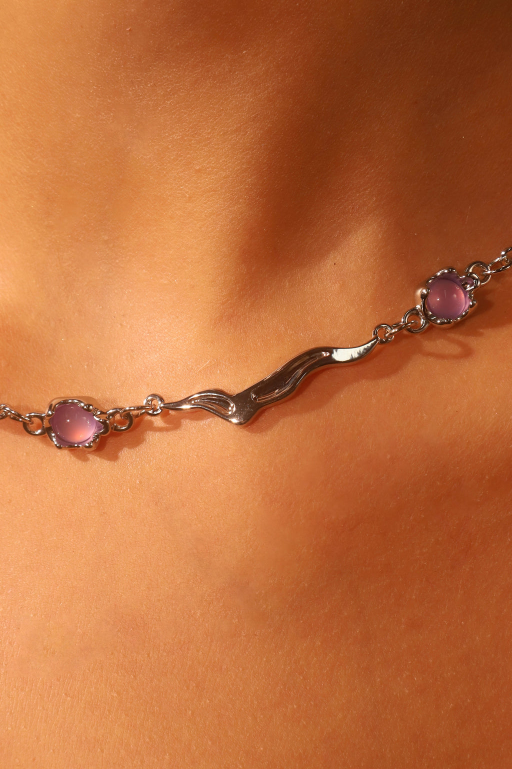 Palladium White Gold Plated Purple Opal Wave Necklace