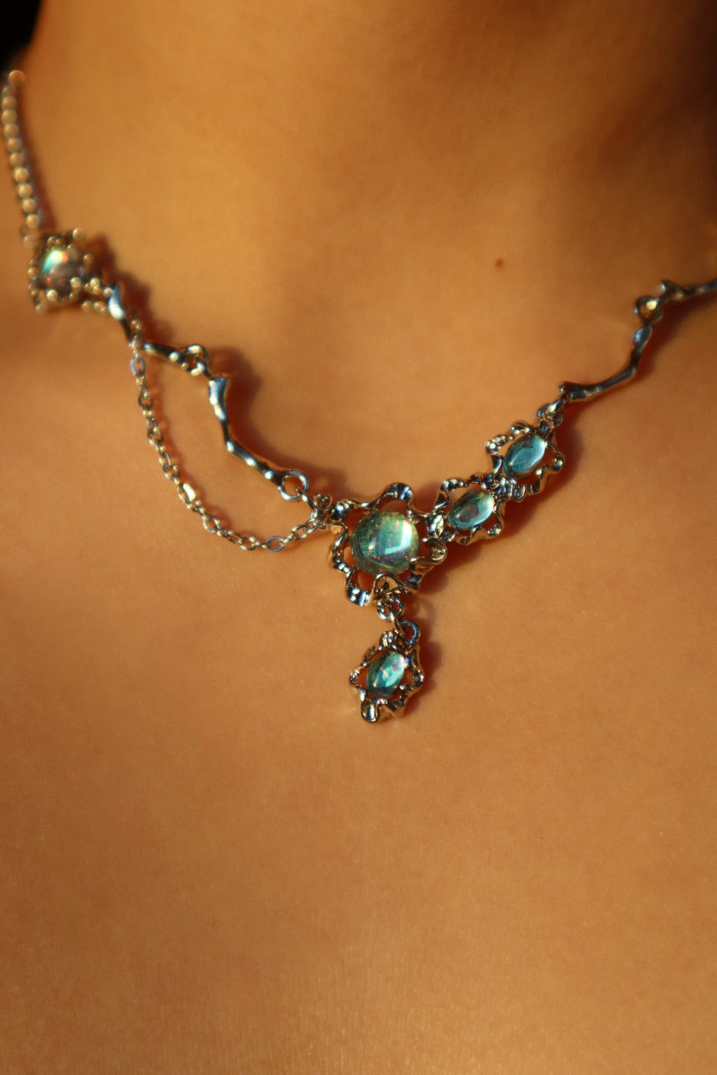 Palladium White Gold Plated Opal Dangle Necklace