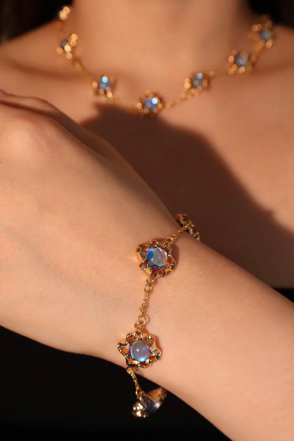 18K Real Gold Plated Multi Deep Blue Moonstones Necklace