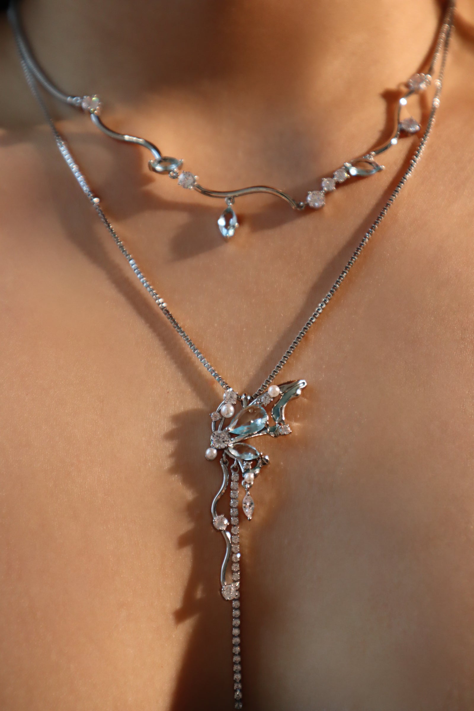 Palladium White Gold Plated Blue Gem Butterfly Necklace