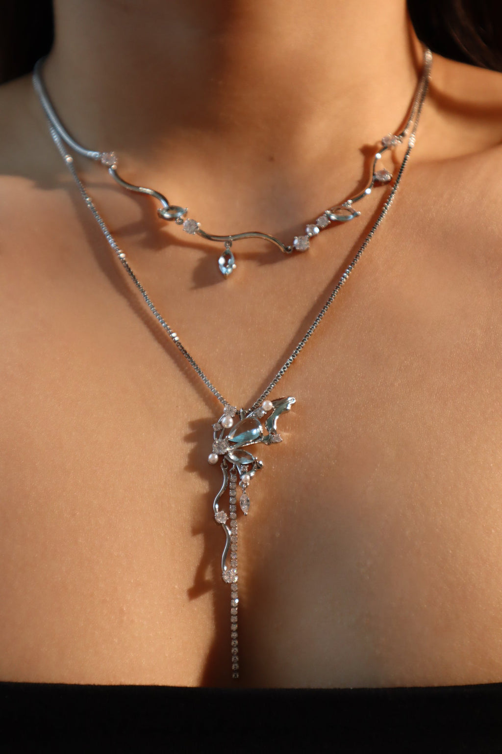 Palladium White Gold Plated Blue Gem Butterfly Necklace