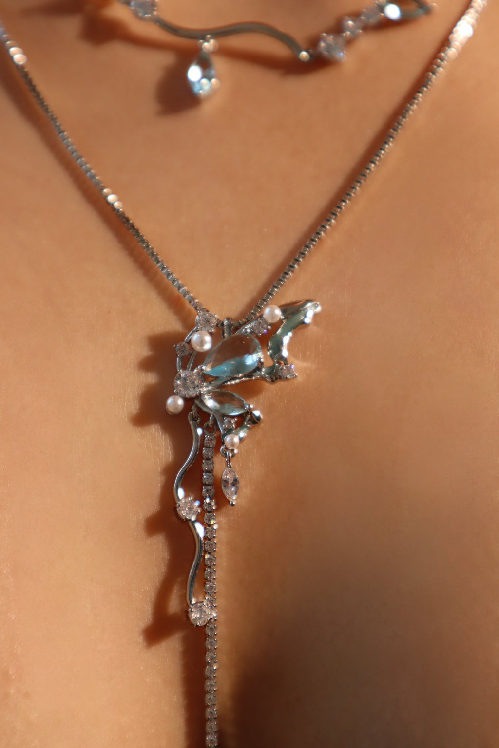 Palladium White Gold Plated Blue Gem Butterfly Necklace