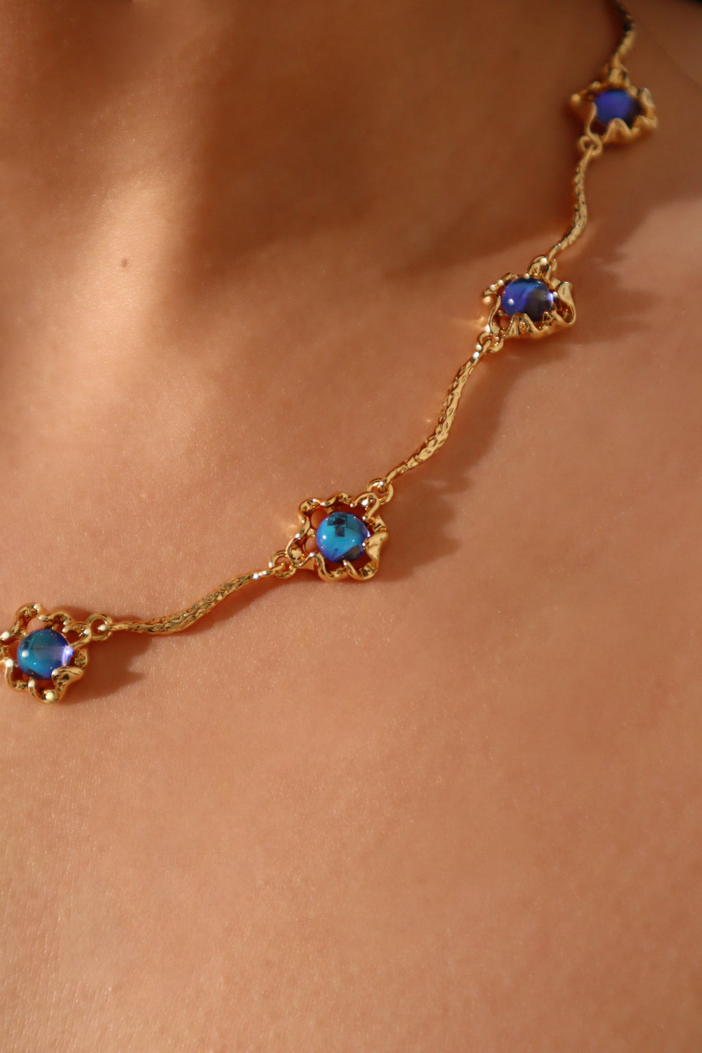 18K Real Gold Plated Multi Deep Blue Moonstones Necklace